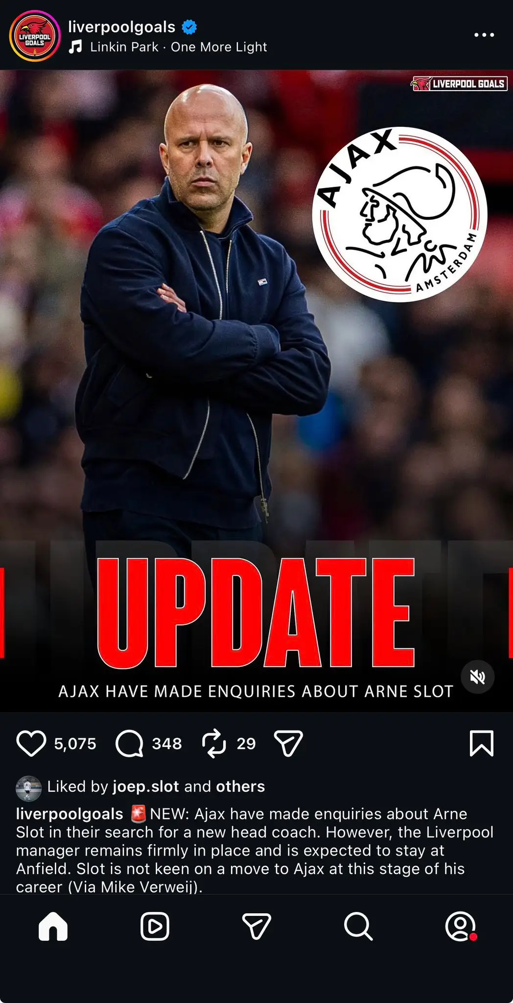 Arne Slot's son, Joep, was spotted liking posts about his dad's future. (Image: Instagram)