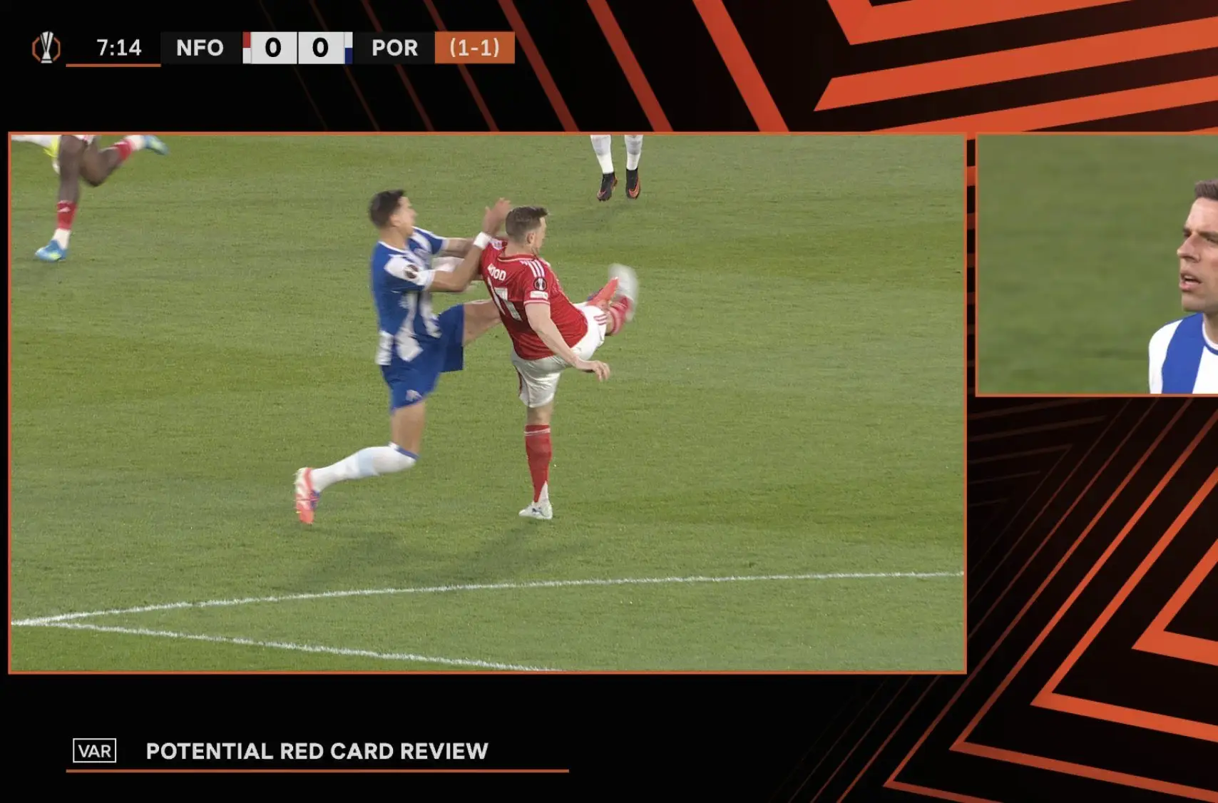 Bednarek's challenge on Chris Wood. Image credit: TNT Sports