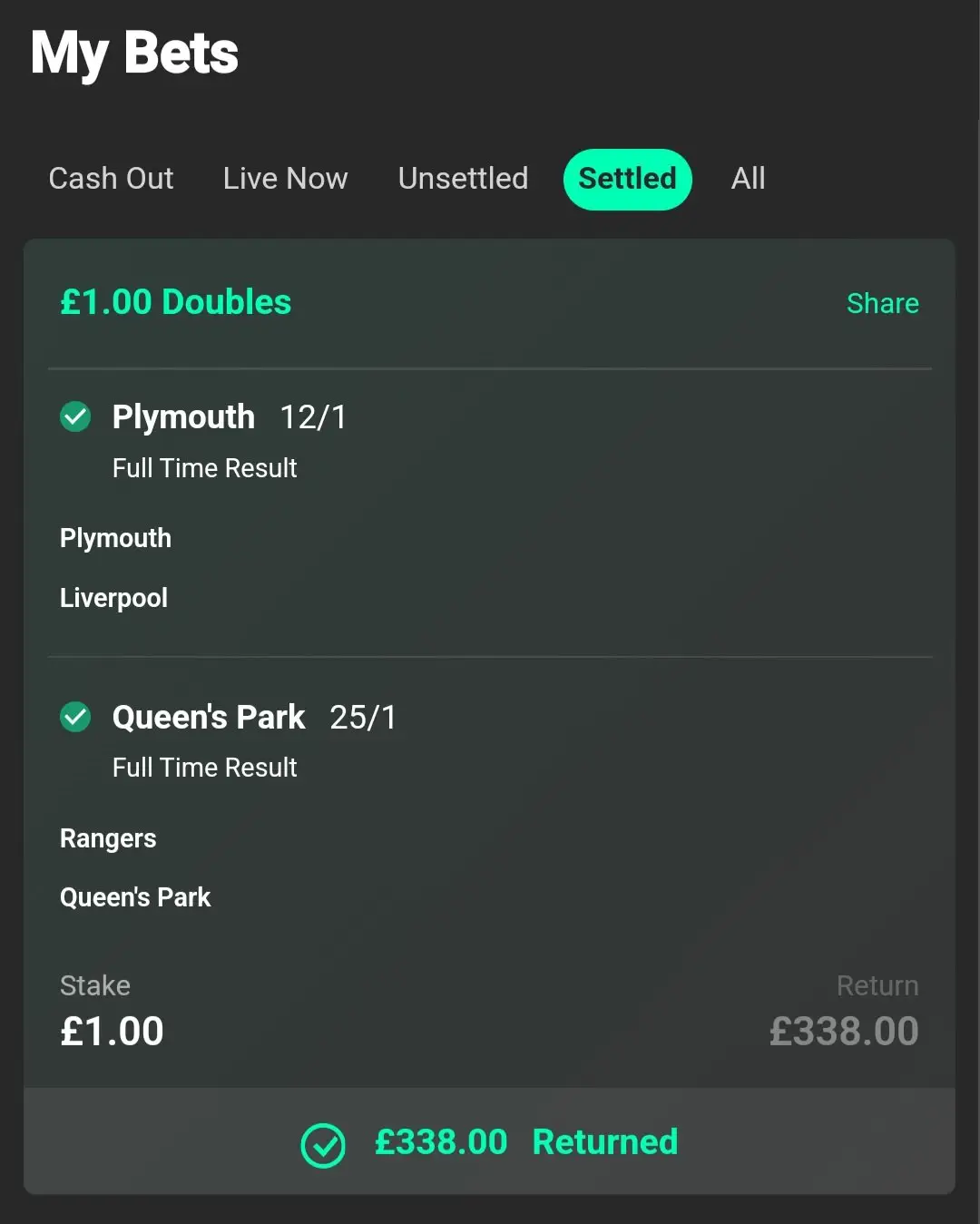 A punter had Plymouth and Queen's Park to beat Liverpool and Rangers. Image: via/X