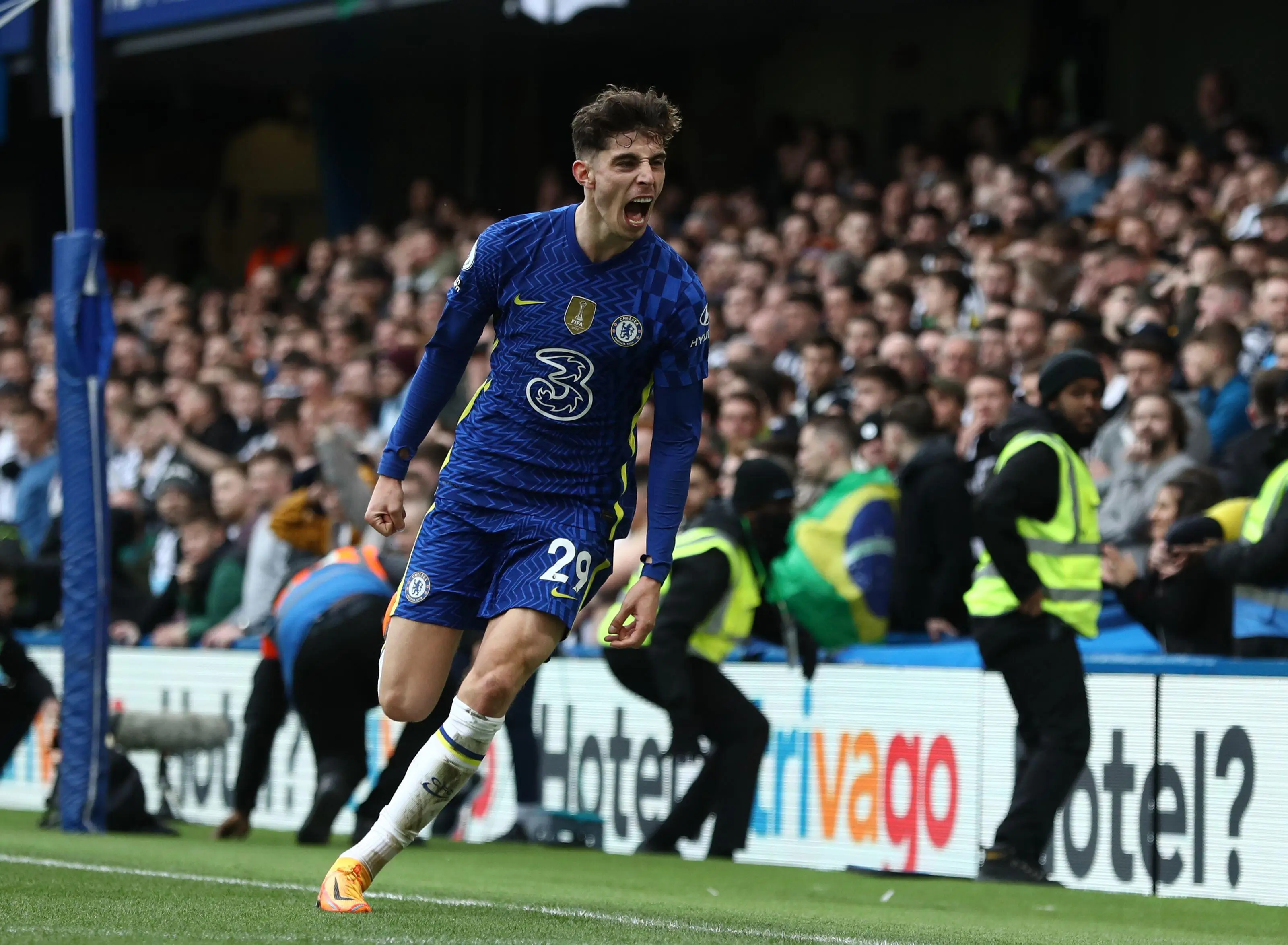 Kai Havertz of Chelsea celebrates after scoring the opening goal during the Premier League match at Stamford Bridge. (Alamy)
