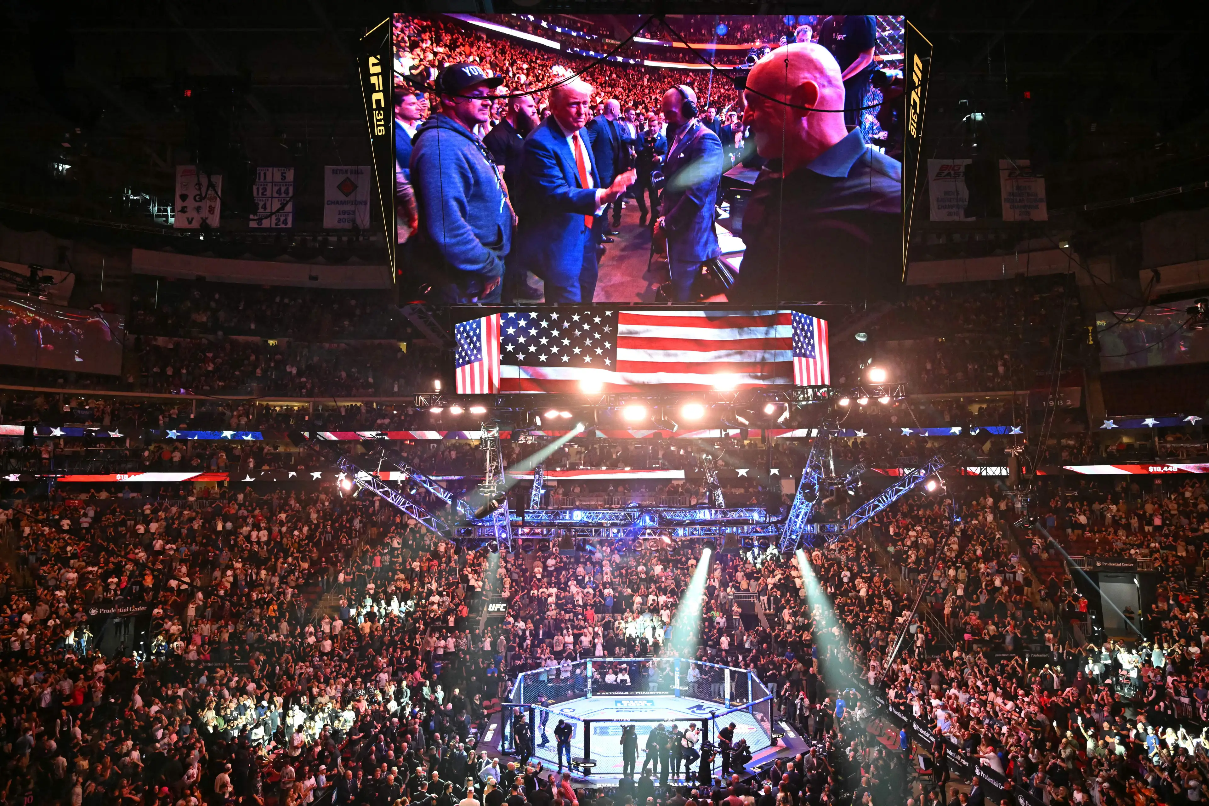 Donald Trump arrives at the Prudential Center for UFC 316. Image: Getty 