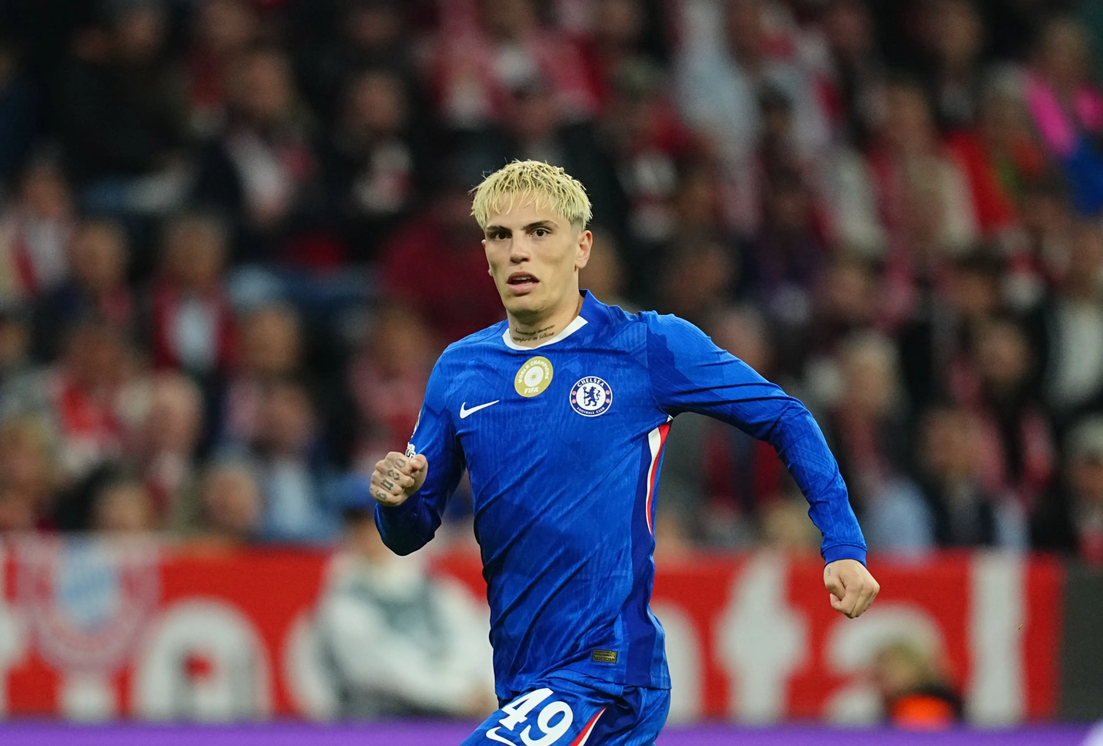 Alejandro Garnacho in action for Chelsea against Bayern Munich. Image: Getty 