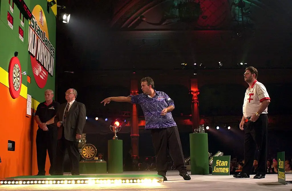 Phil Taylor and Martin Adams face off in the 2001 PDC World Matchplay semi-final (Image: Getty/Tom Shaw/ALLSPORT)