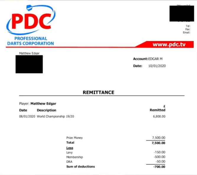 Matthew Edgar shared his PDC payslip. Image: TikTok/@matthewedgar170