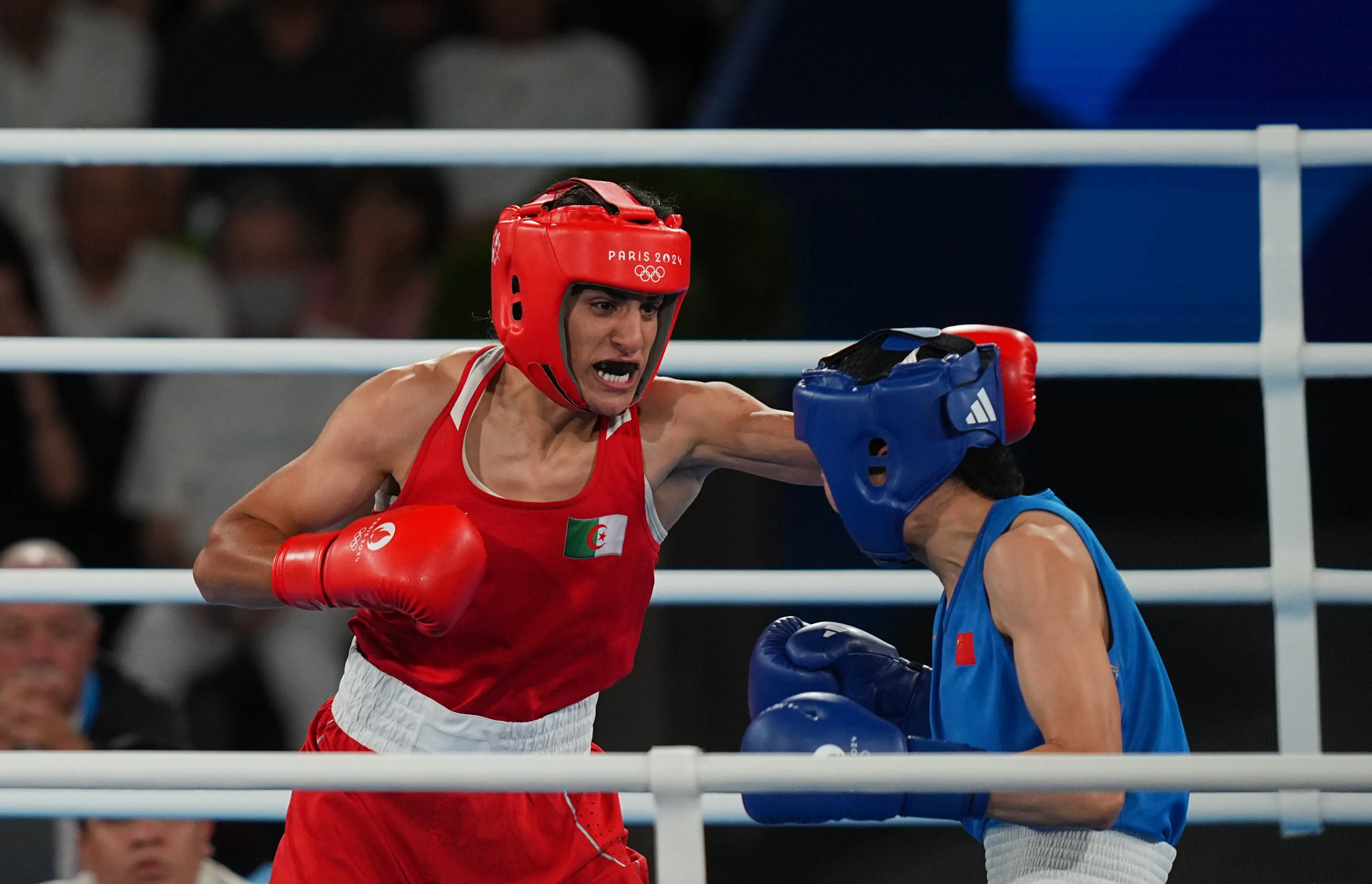 Algerian boxer Imane Khelif fighting.