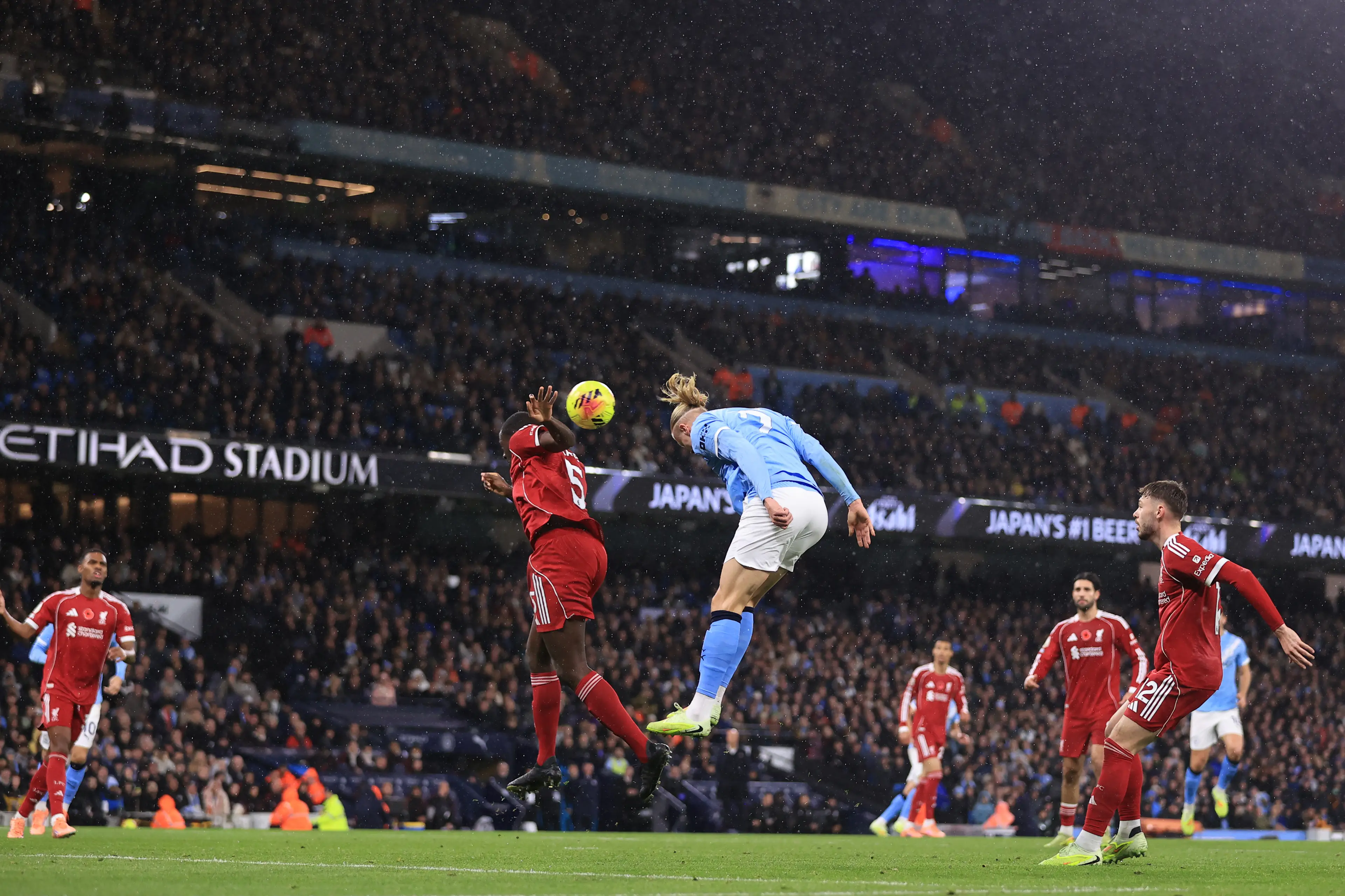 Ibrahima Konate was unable to stop Erling Haaland's header. Image: Getty 