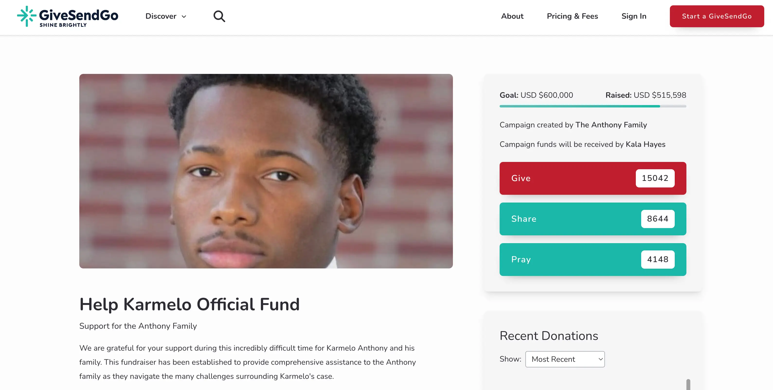 The campaign for Karmelo Anthony has raised $515,598. (Image: GoSendGo)