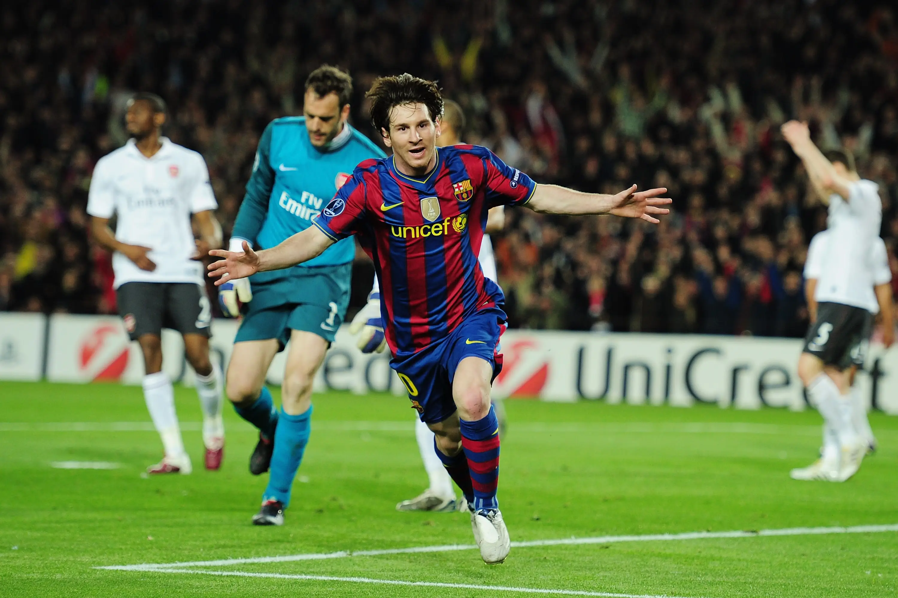 Lionel Messi celebrates scoring a goal against Arsenal. Image: Getty 