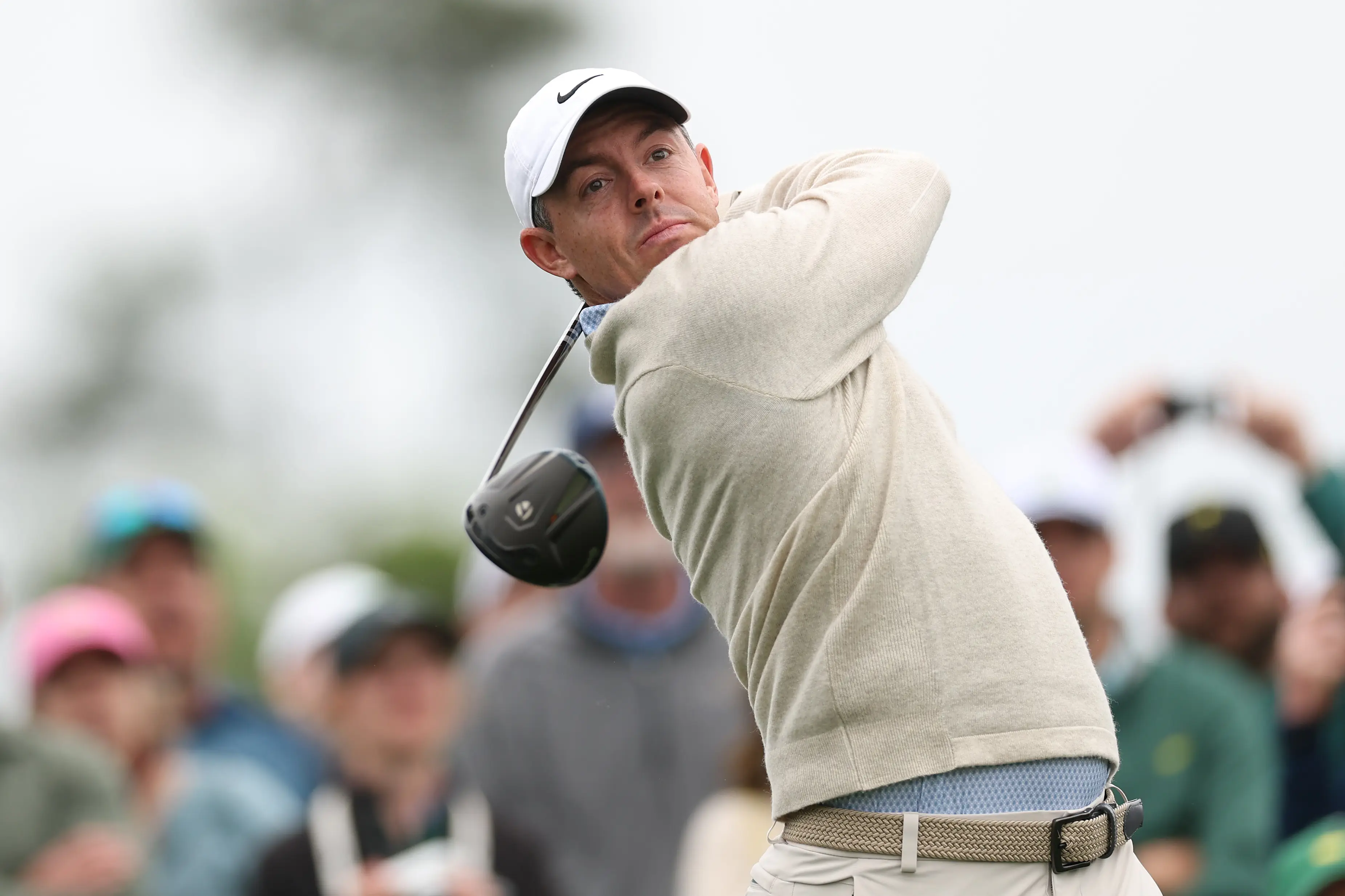 Rory McIlroy plays his shot from the eighth tee during a practice round prior to the 2026 Masters. Image credit: Getty