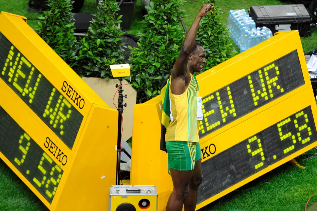 Usain Bolt's 9.58 world record at 100 metres still stands today (Image: Getty)