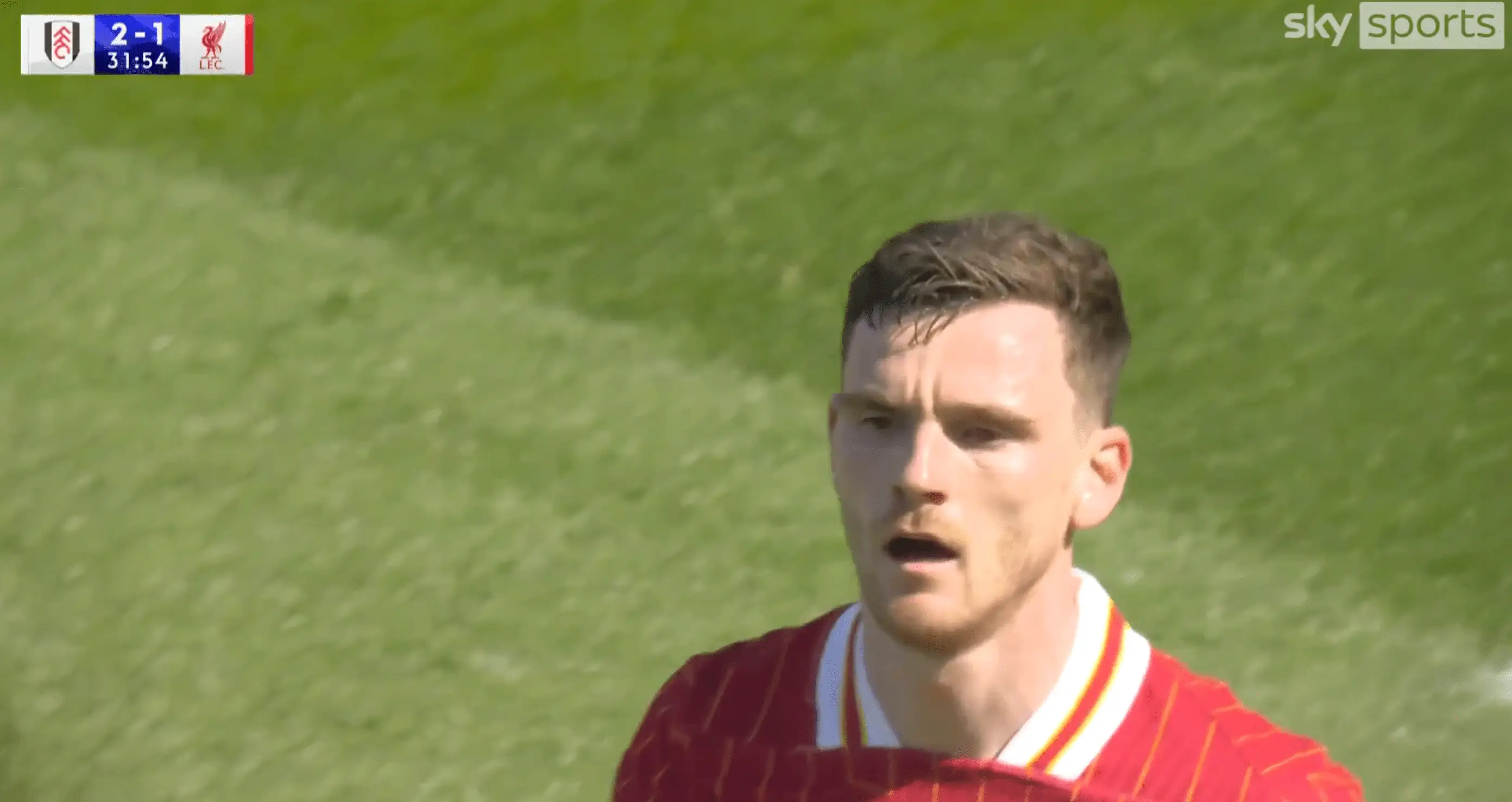 Andy Robertson reacts after Liverpool go 2-1 down vs Fulham (Image: Sky Sports)