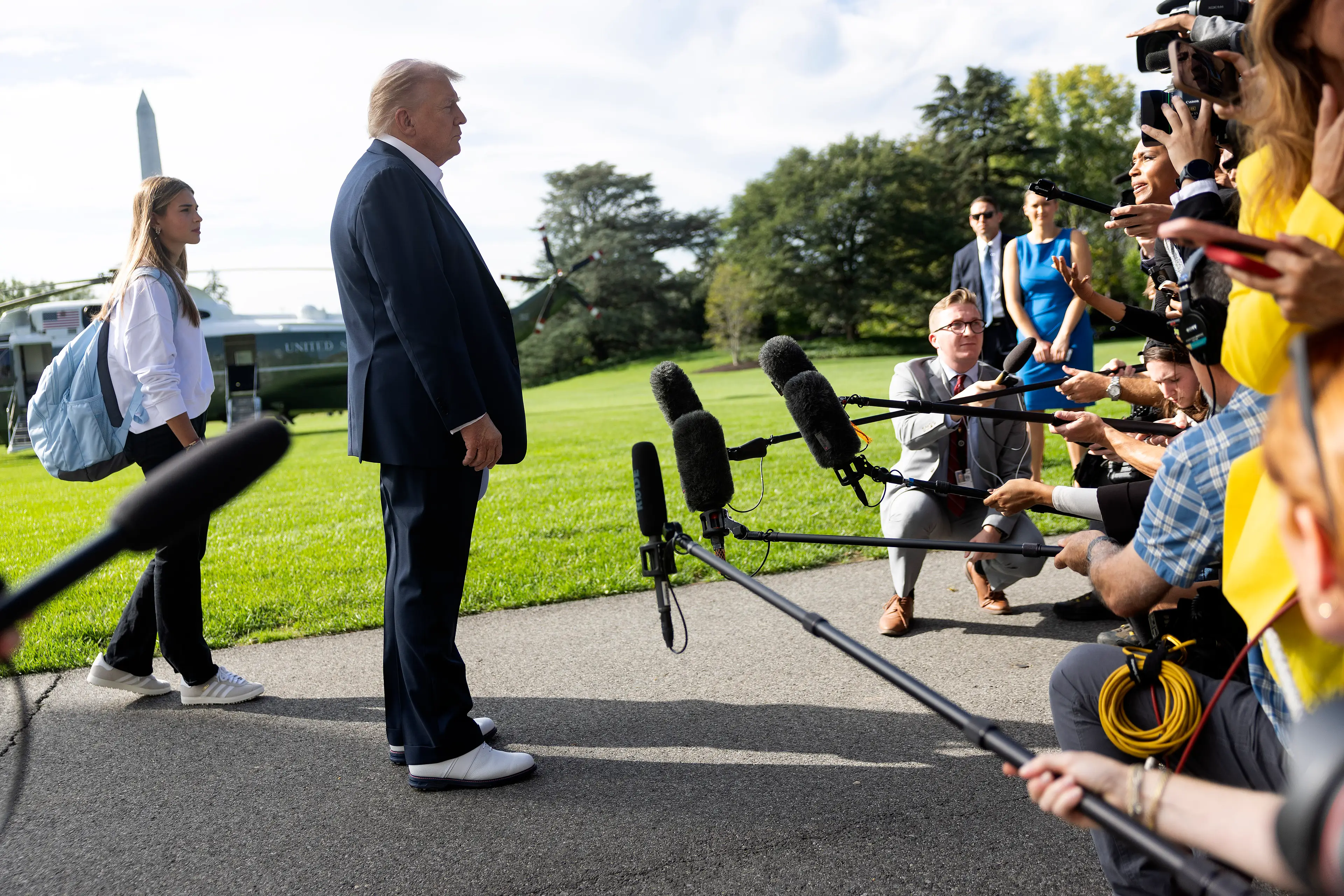 Donald Trump departs for the Ryder Cup. Image: Getty