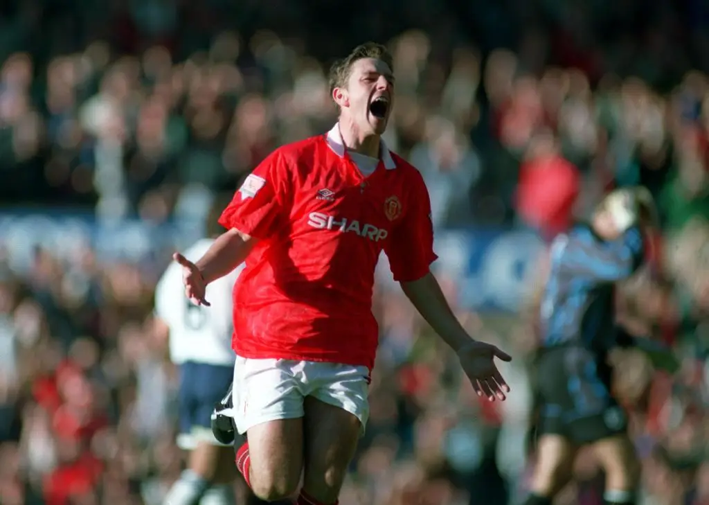 Lee Sharpe celebrates scoring for Man Utd in October 1993 (Image: Getty)