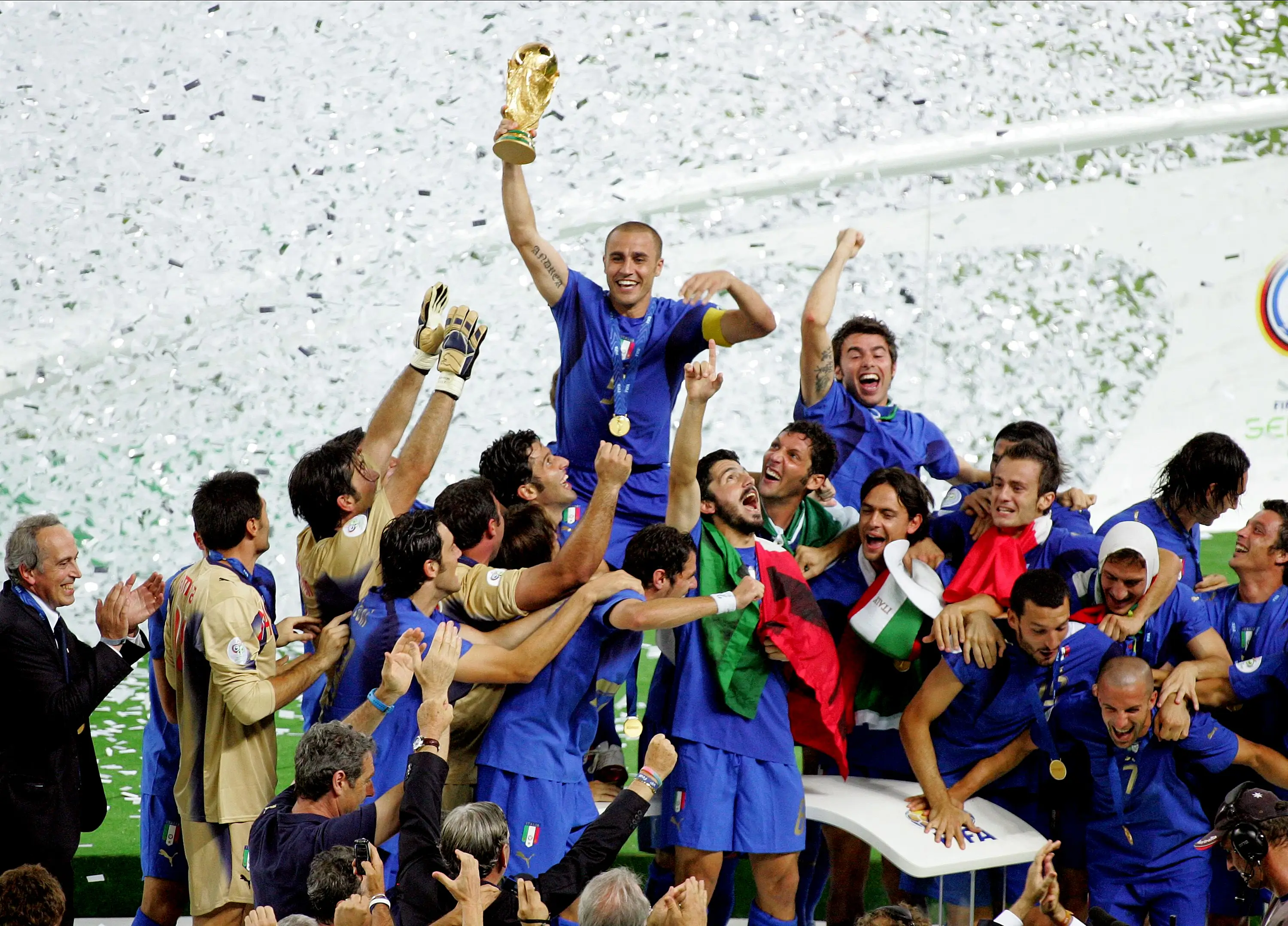 Fabio Cannavaro lifting the 2006 World Cup with Italy. (Image: Richard Sellers/Allstar / Contributor via Getty)
