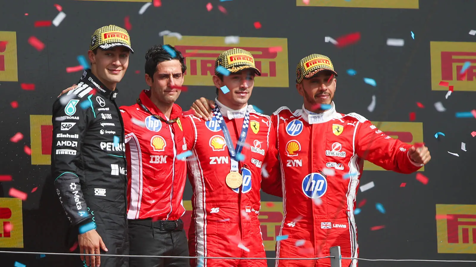 Charles Leclerc, George Russell and Lewis Hamilton made up the British GP podium (Image: Getty)