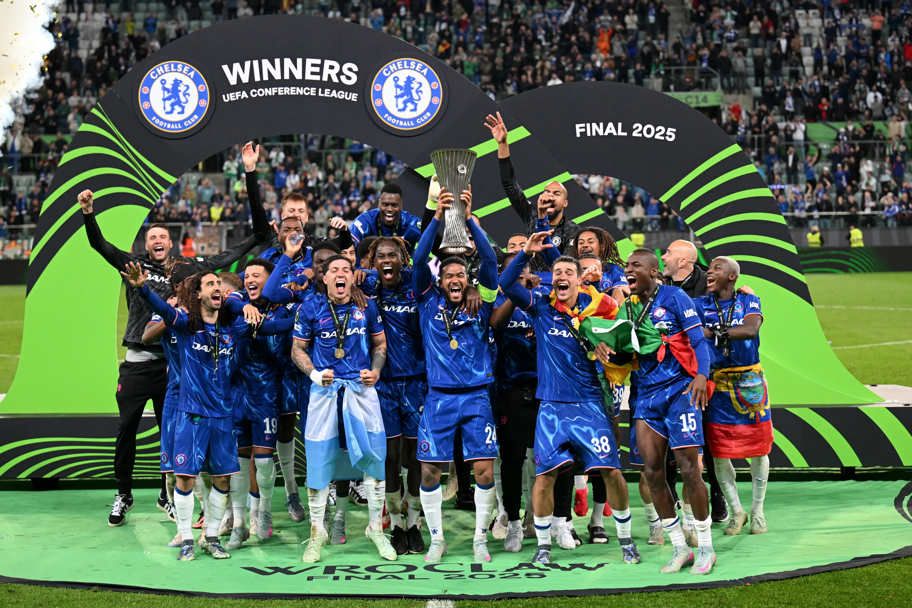 Chelsea lift the Conference League trophy after a 4-1 win over Real Betis. Image credit: Getty
