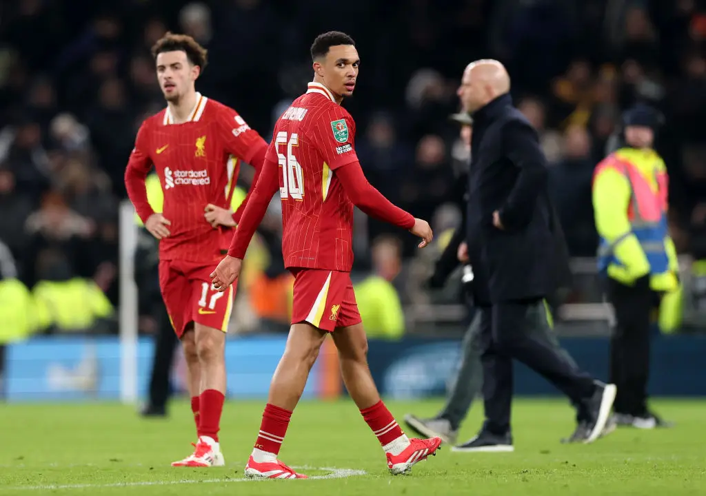 Trent Alexander-Arnold pictured after Liverpool's 1-0 defeat to Tottenham in the Carabao Cup semi-final first leg (Image: Getty)