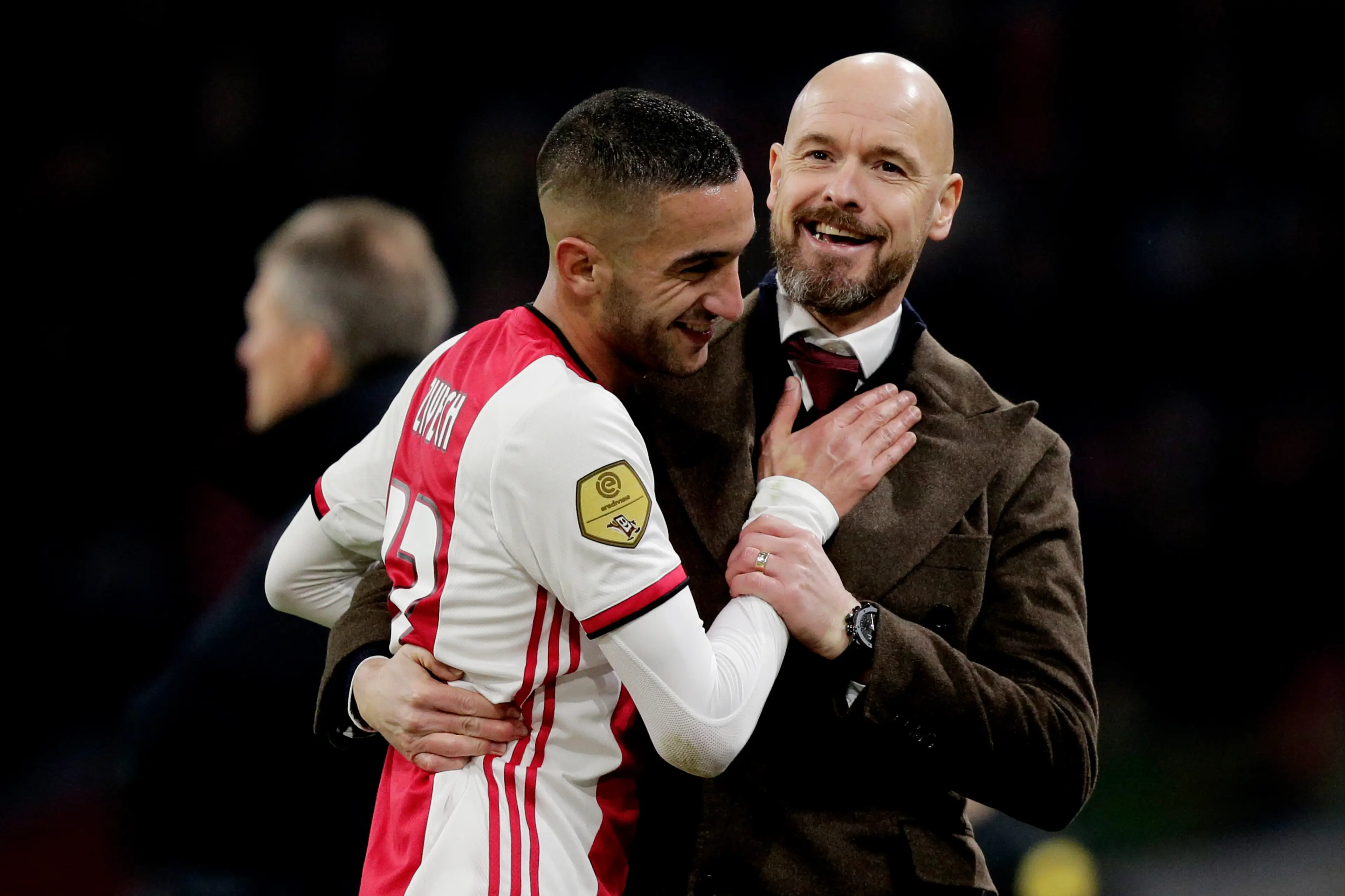 Hakim Ziyech and Erik ten Hag share an embrace. Image: Getty