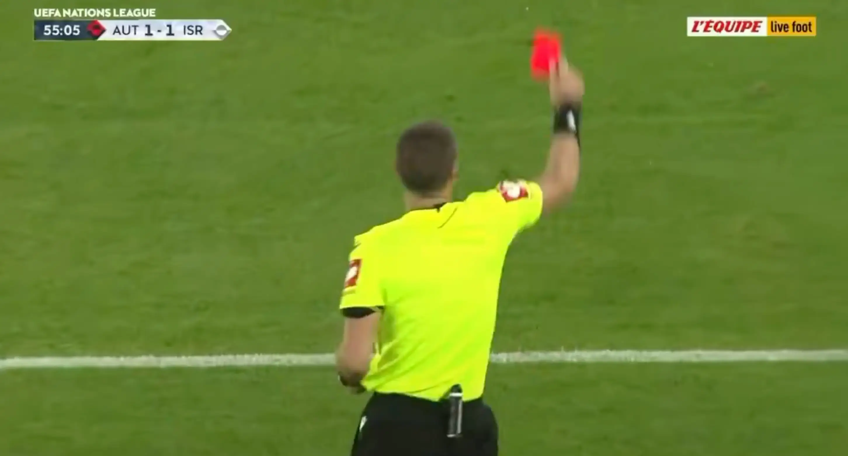 Israel's Abu Farachi was sent off against Austria. Image credit: L'Equipe.