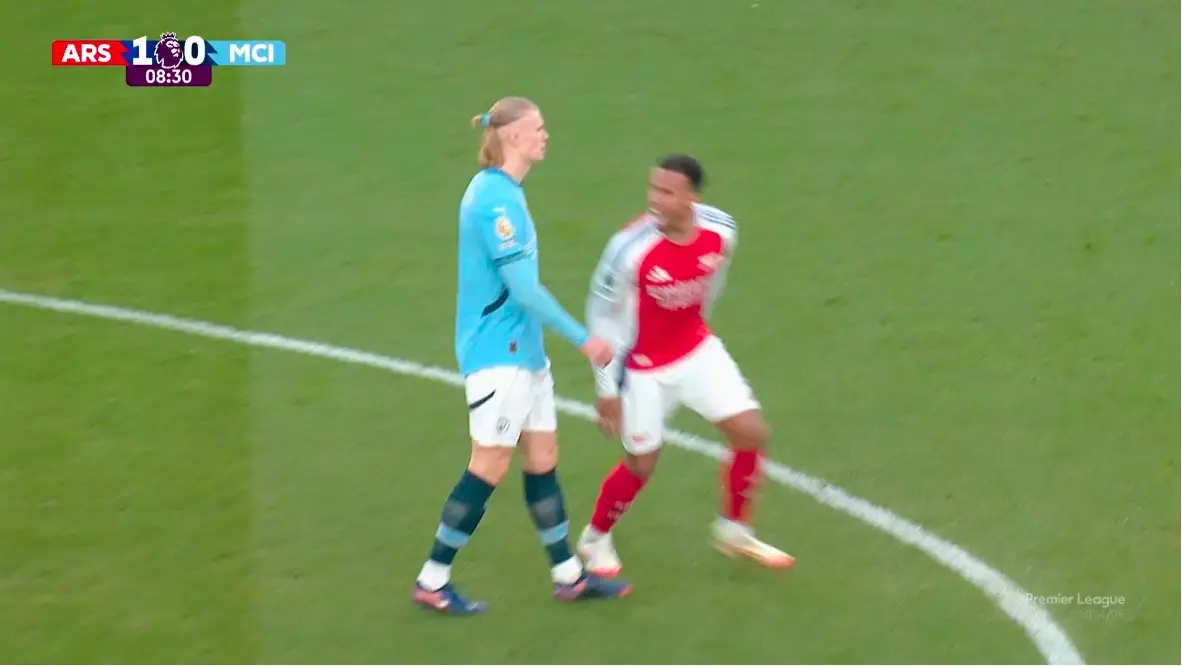 Gabriel celebrates in front of Erling Haaland following Arsenal's opener. Image: Premier League 