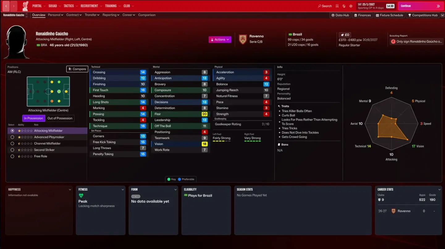 Ronaldinho's stats on Football Manager 27. Image credit: Sports Interactive