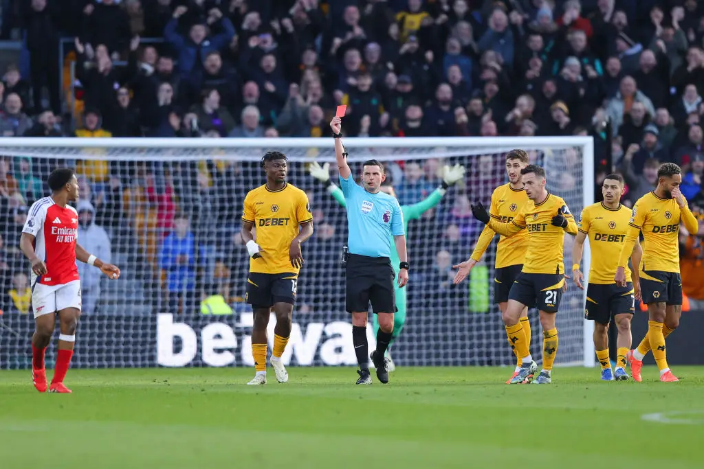 Premier League referee Michael Oliver incorrectly showed a red card to Arsenal's Myles Lewis-Skelly during the match against Wolves. (Image: Getty)