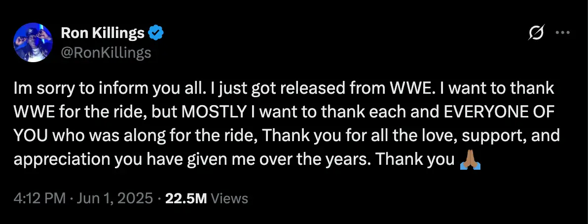 R-Truth confirmed his WWE release on Twitter (Image: Twitter/@RonKillings)