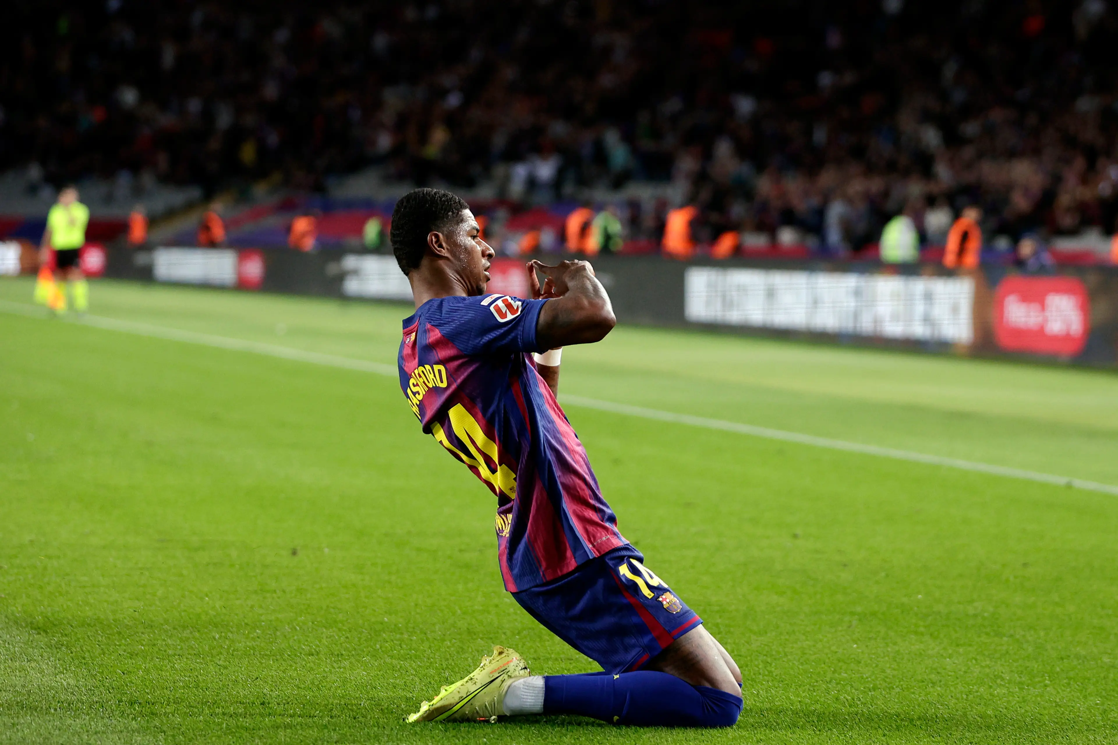 Marcus Rashford celebrates for Barcelona against Elche (Image: Getty)
