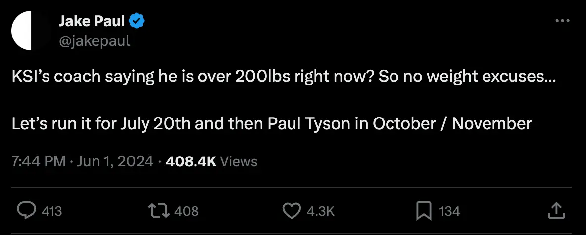 Jake Paul calls out KSI on social media (