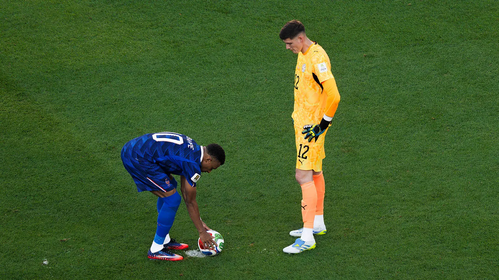 Paraguay goalkeeper Orlando Gill attempted to put Mbappe off before the penalty spot incident (Image: Getty)