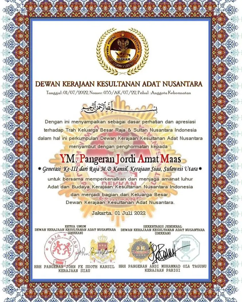 Official confirmation of Amat's royal title.