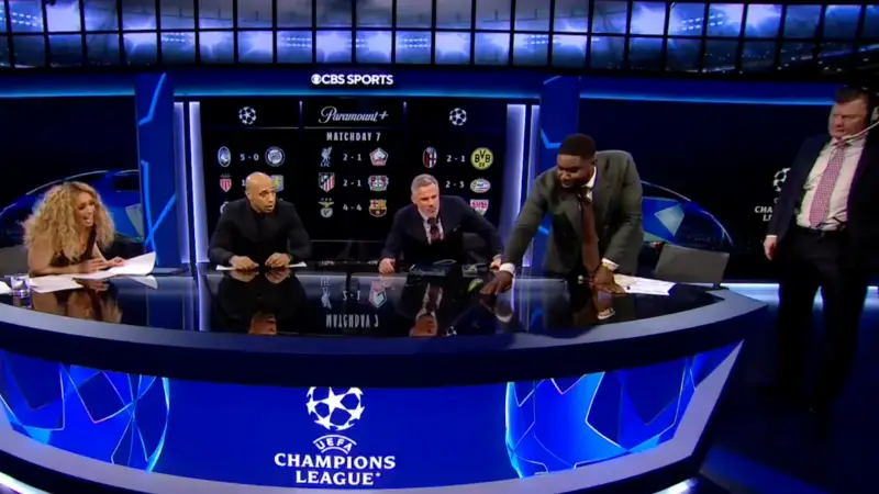 Micah Richards suffers wardrobe malfunction live on CBS Sports after Barcelona score controversial last minute winner vs Benfica