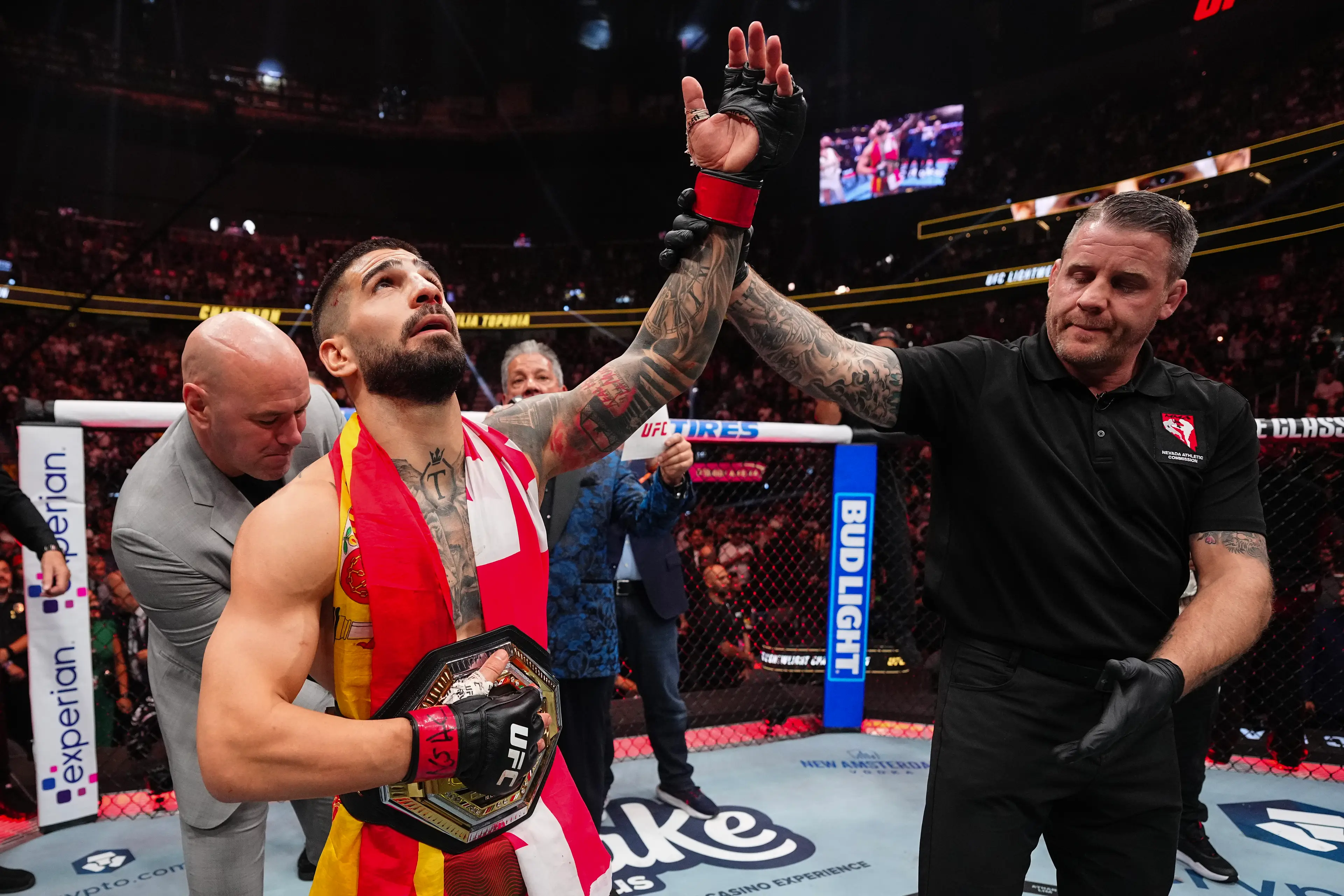 The UFC created an interim UFC lightweight title after Ilia Topuria stepped away from the sport to focus on his personal life. Image: Getty 