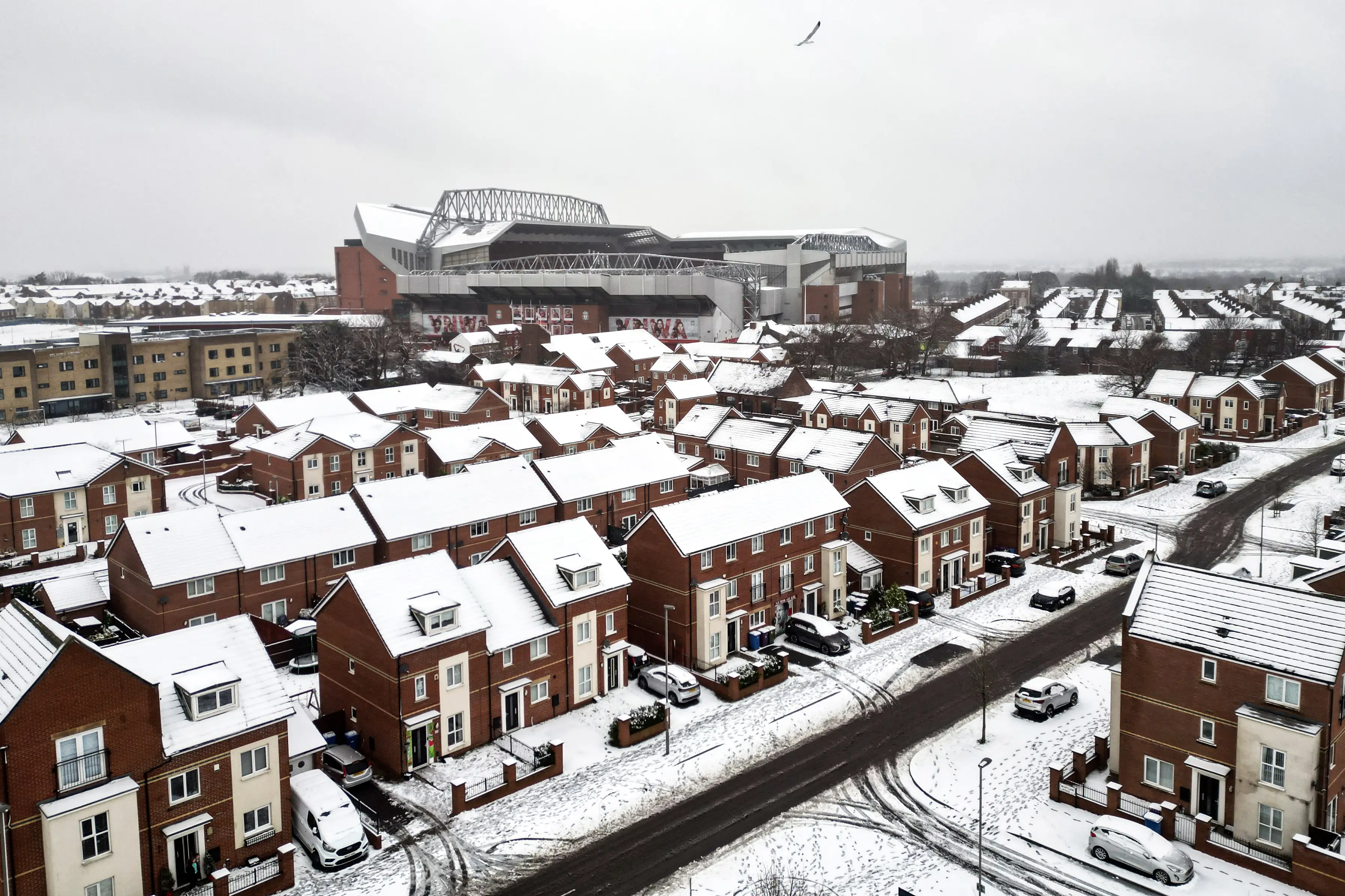 An aerial photograph taken on January 5 shows Anfield covered in snow ahead of Liverpool vs Manchester United. Image credit: Getty