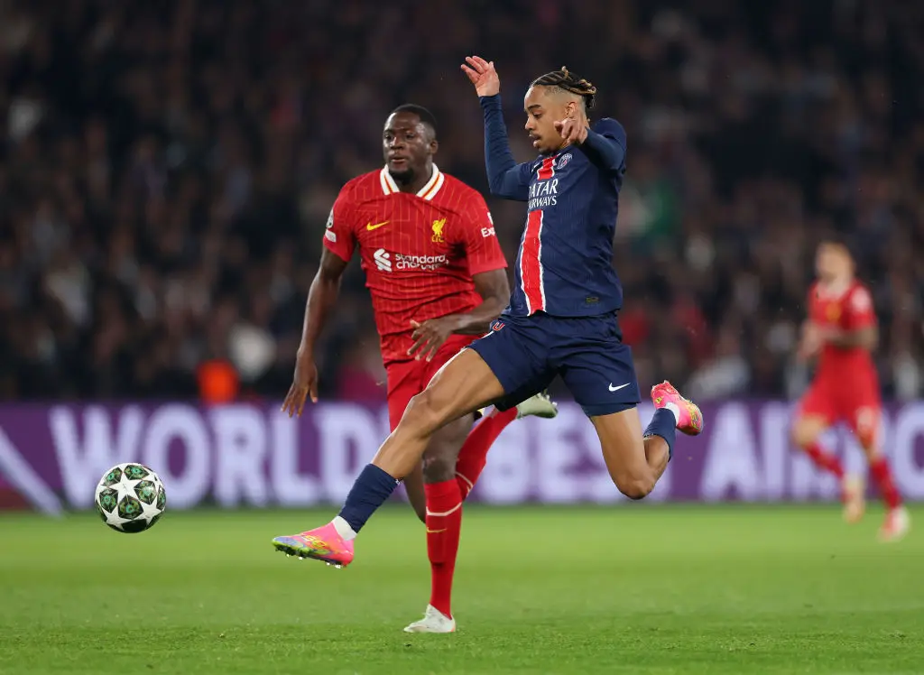 Ibrahima Konate was lucky not to be sent off for a challenge on Bradley Barcola in the Champions League match against PSG. (Image: Getty)