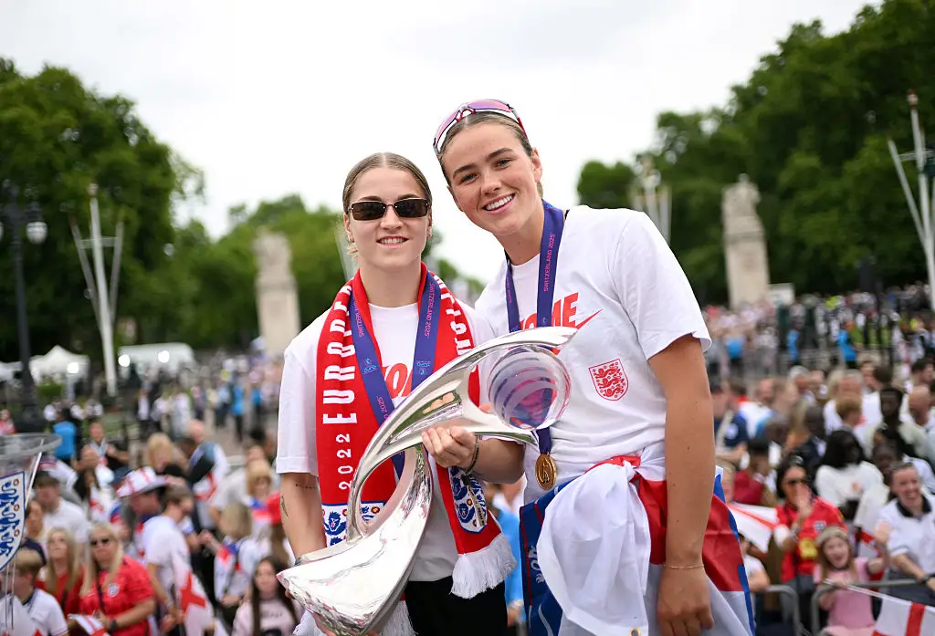 Jess Park and Grace Clinton pictured during England's Euro 2025 trophy parade (Image: Getty)