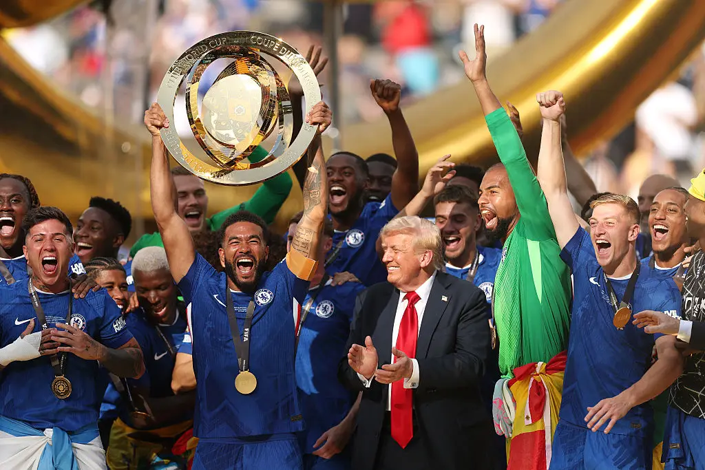 Donald Trump stood with the Chelsea squad during the trophy lift. (Credit:Getty)