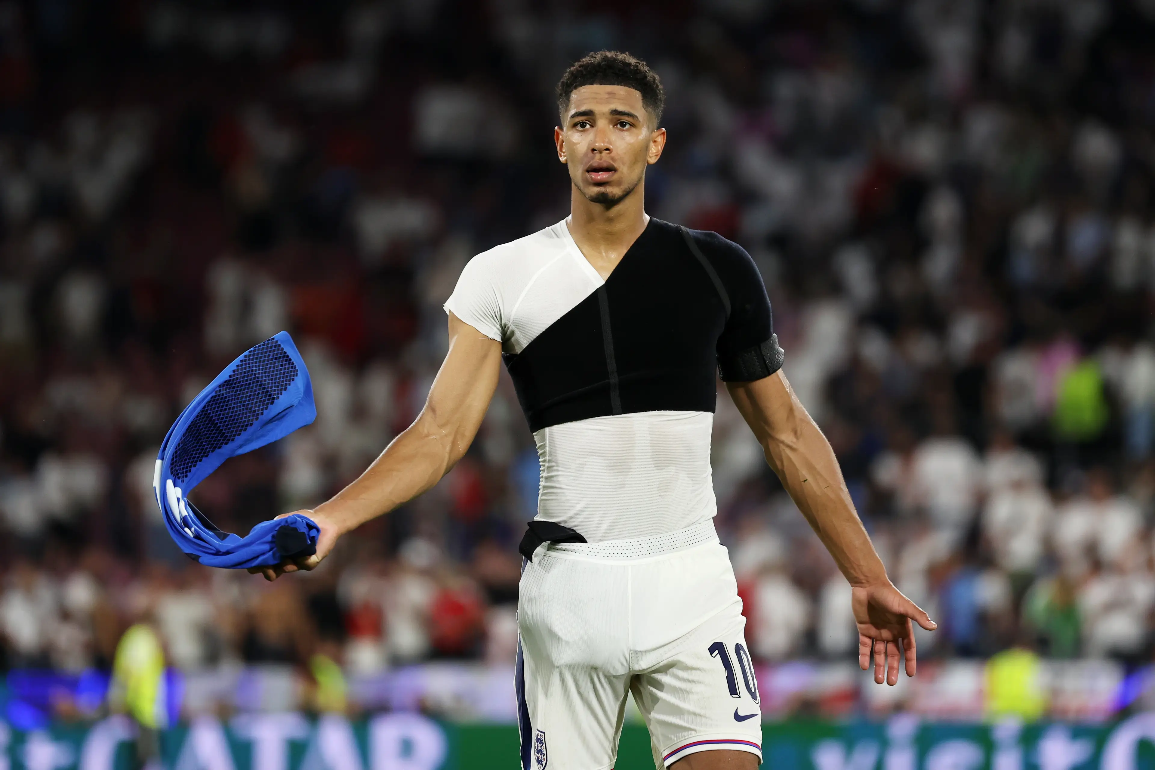 Jude Bellingham has worn strapping on his shoulder since sustaining the injury. Image: Getty 