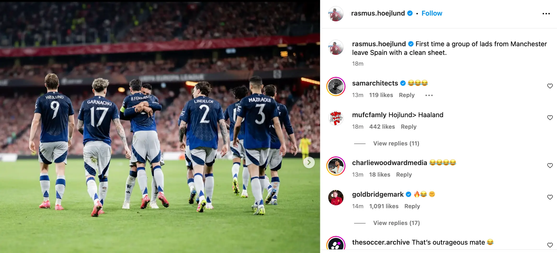Rasmus Hojlund produced a shocking caption on his official Instagram. Image: Instagram/@rasmus.hoejlund
