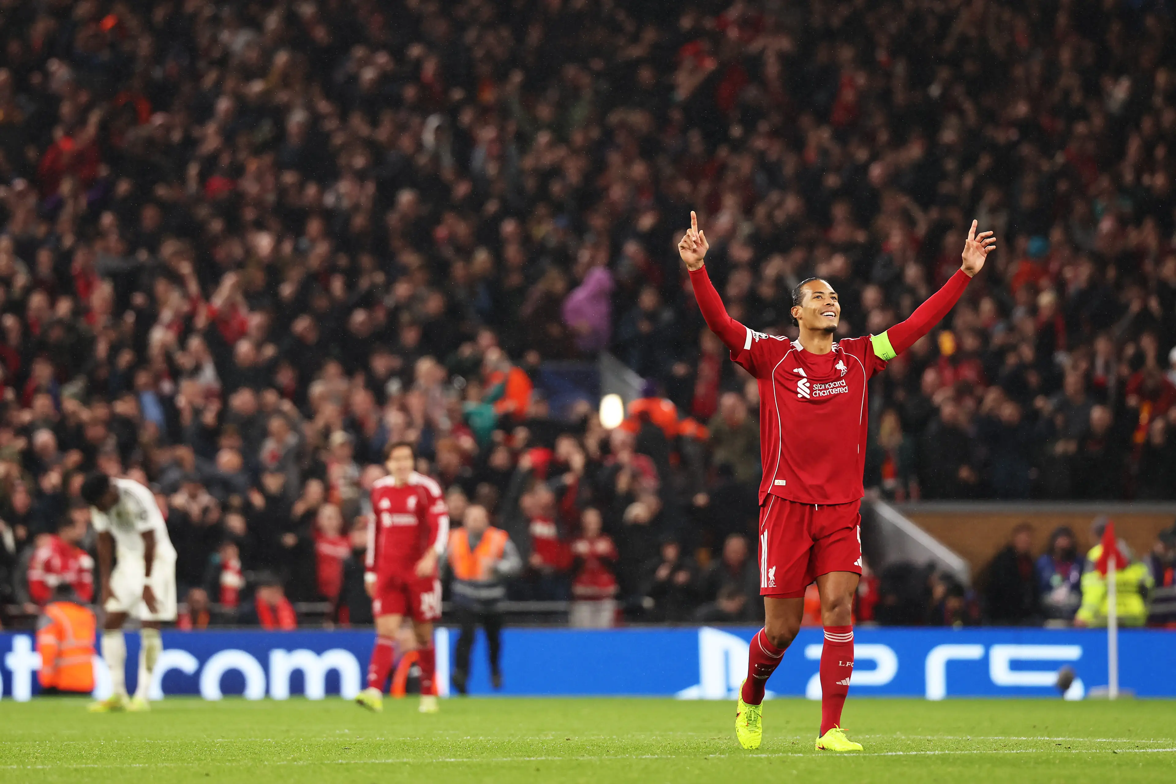 Virgil van Dijk celebrates Liverpool's victory over Real Madrid. Image: Getty 