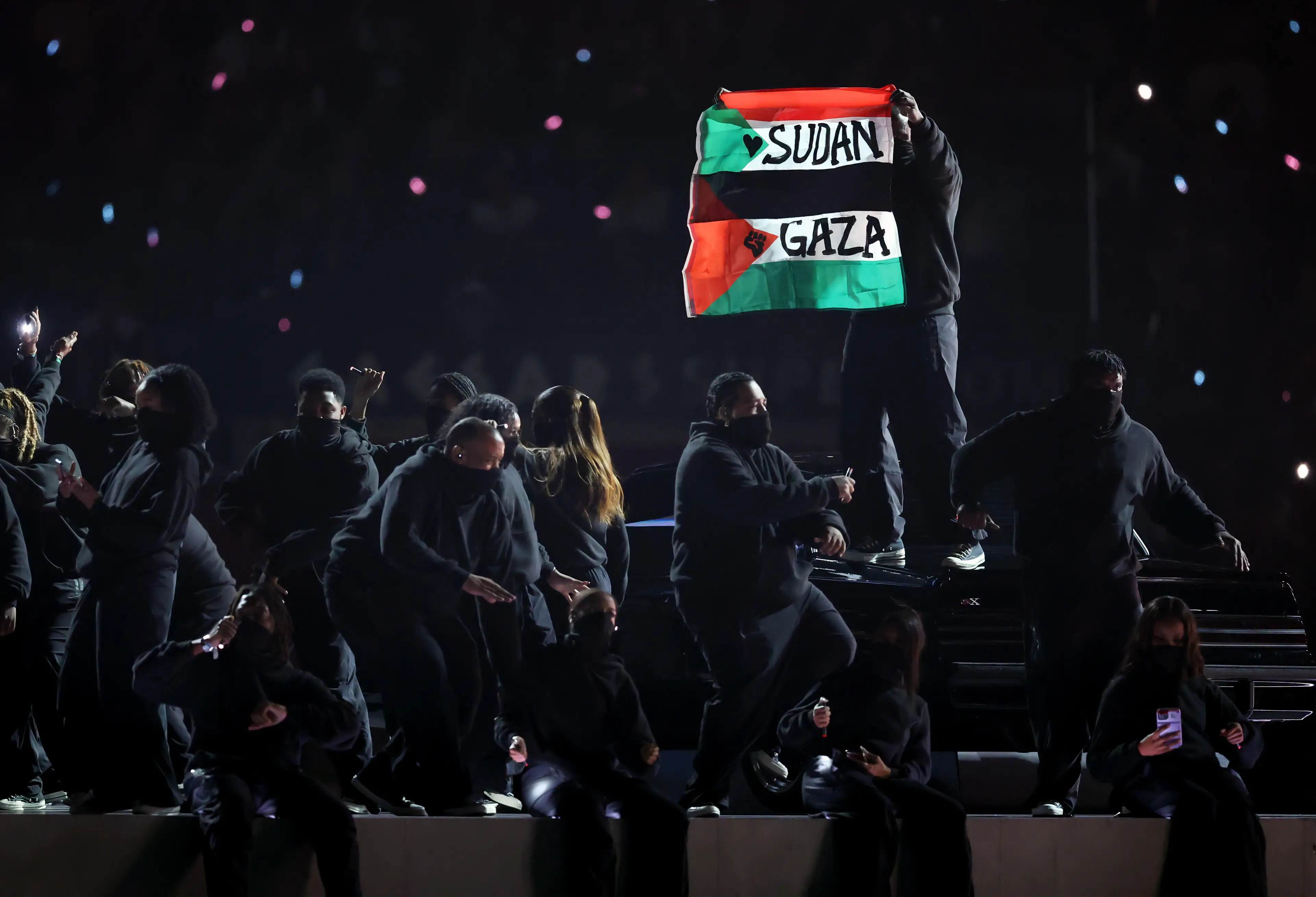 A Sudan/Gaza flag was flown during the Super Bowl half-time show (Image: Getty)
