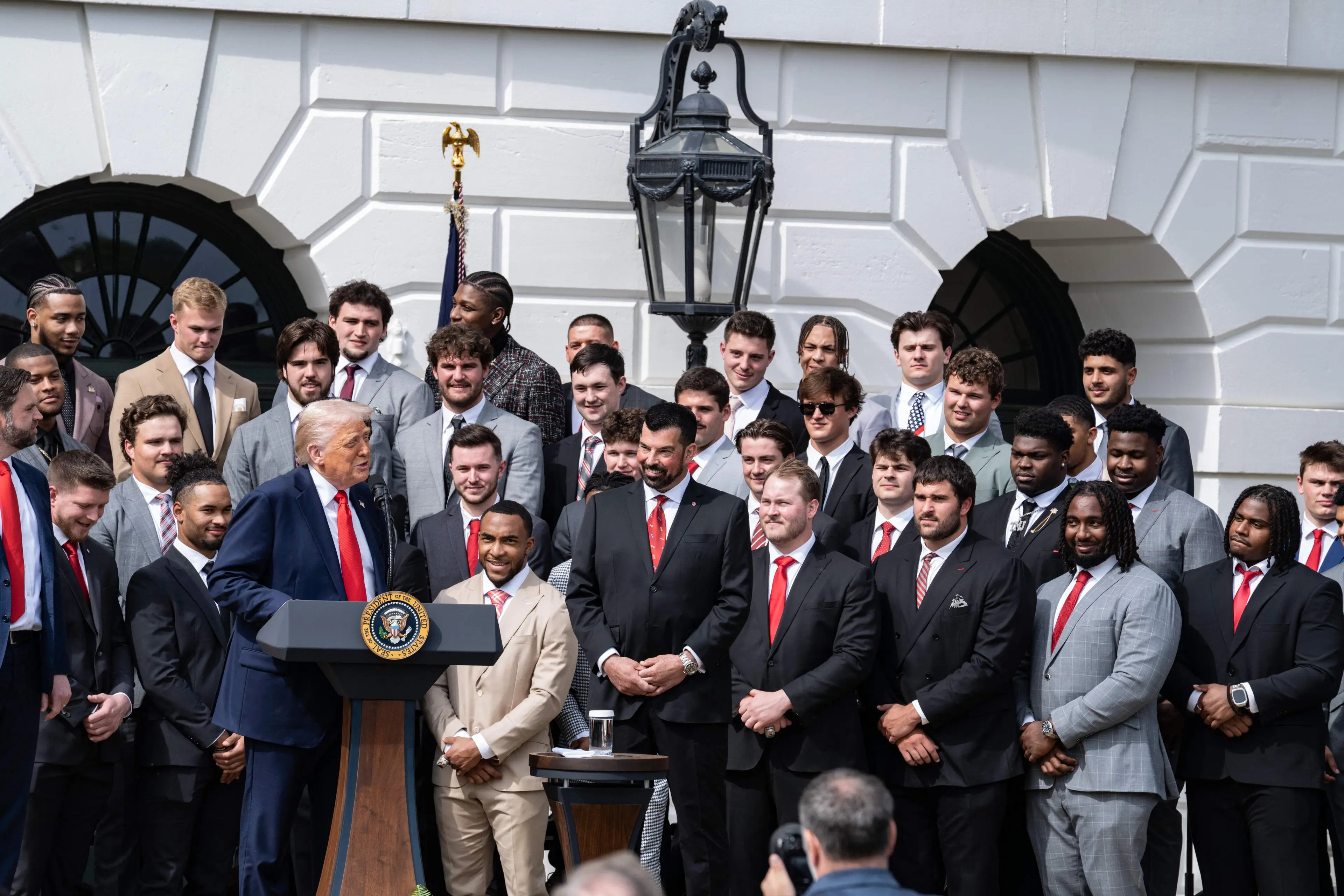 Donald Trump welcomed the Ohio State college team to the White House. Image: Getty