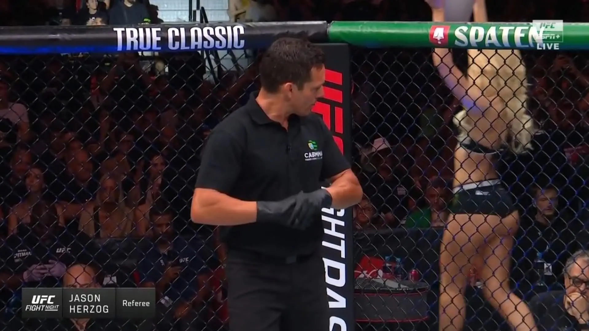 MMA referee Jason Herzog seemed to check out Jhenny Andrade. Image: Getty 