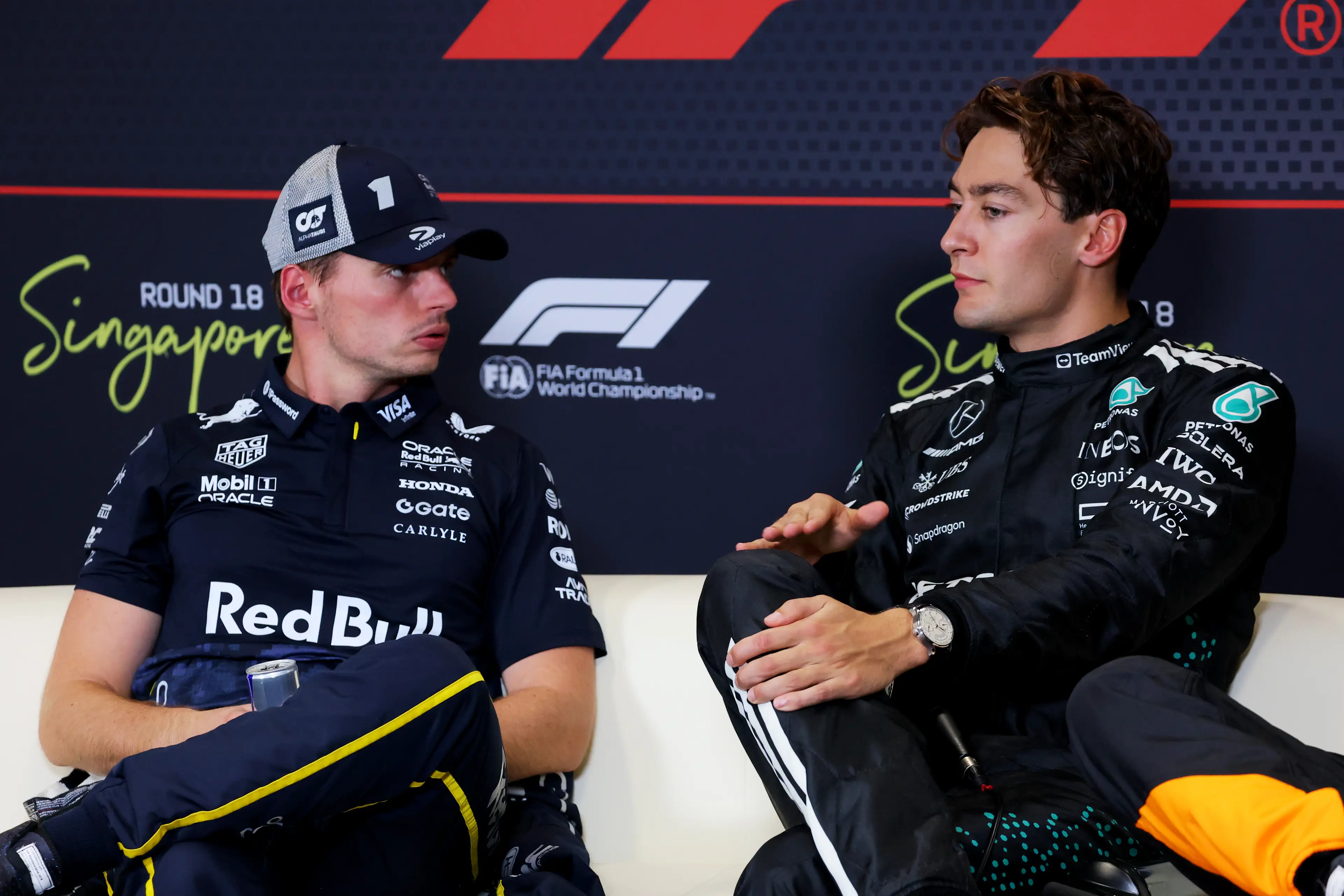George Russell and Max Verstappen. Image: Clive Rose / Staff via Getty