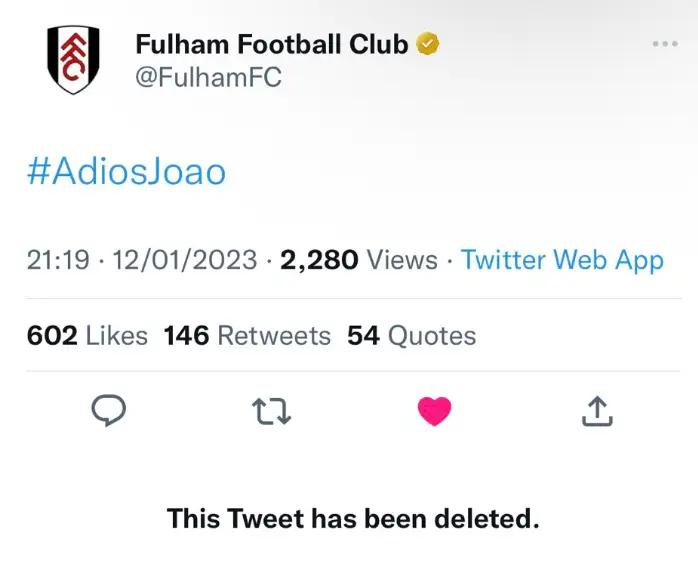 Fulham's deleted tweet. (Image