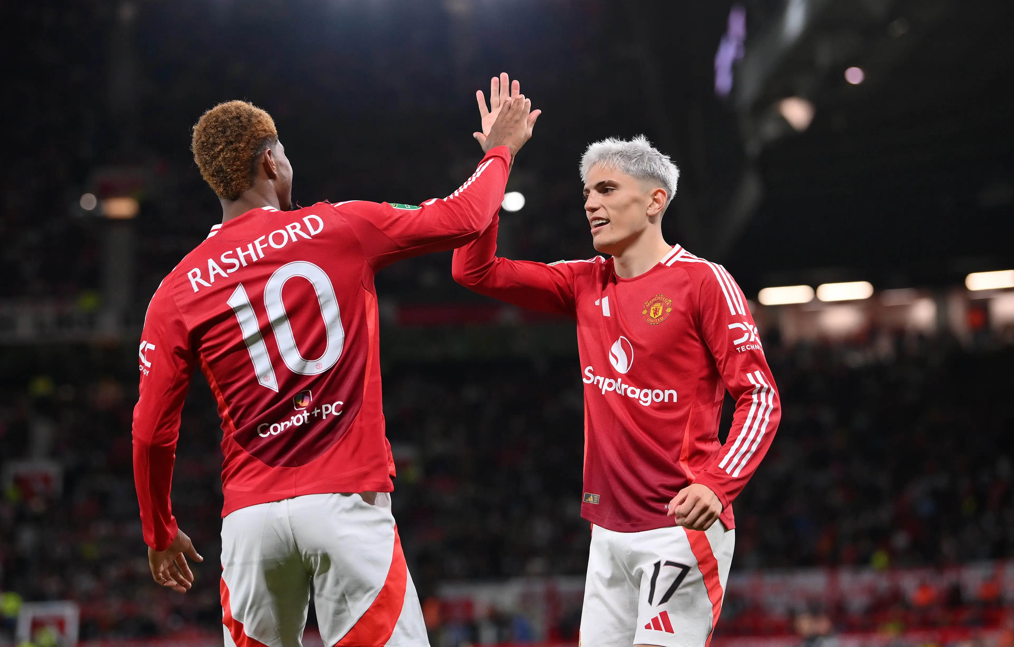 Marcus Rashford and Alejandro Garnacho have been left out of the Manchester United squad for today's game against Manchester City. Image: Getty 