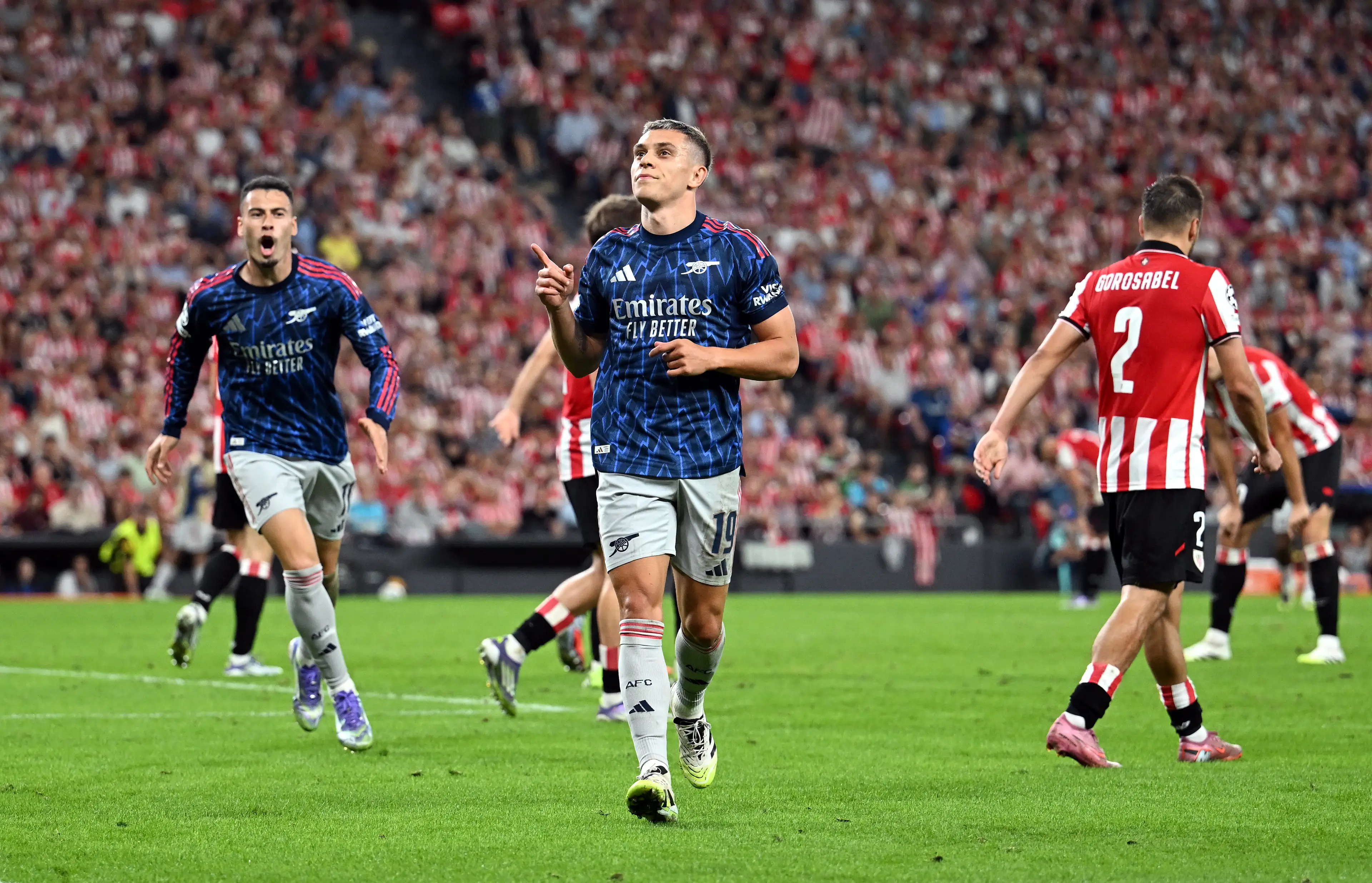 Leandro Trossard wheels away in celebration after scoring against Athletic Bilbao. Image: Getty