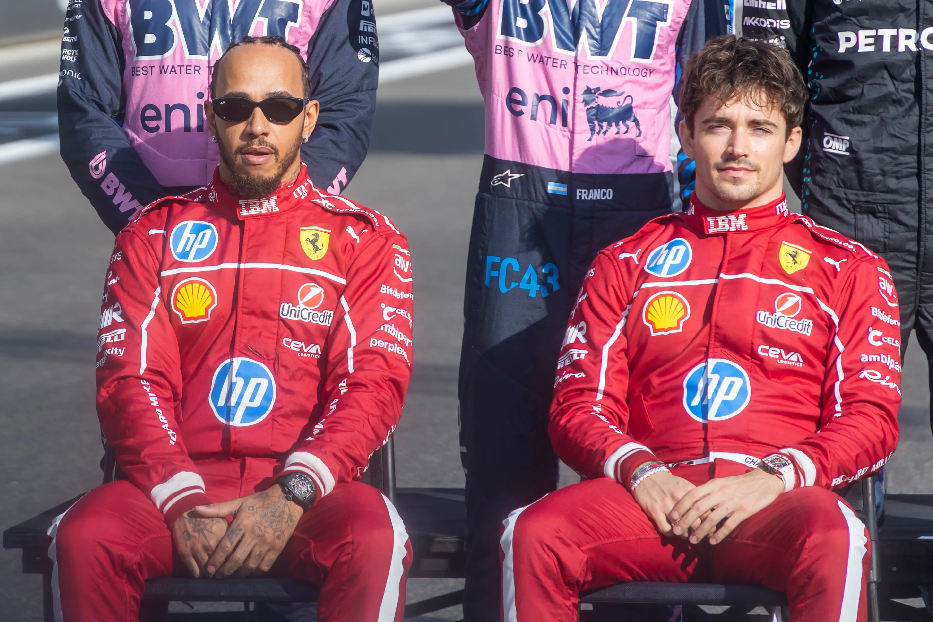 Lewis Hamilton (L) was convincingly beaten by Charles Leclerc (R) in 2025. Image: Getty