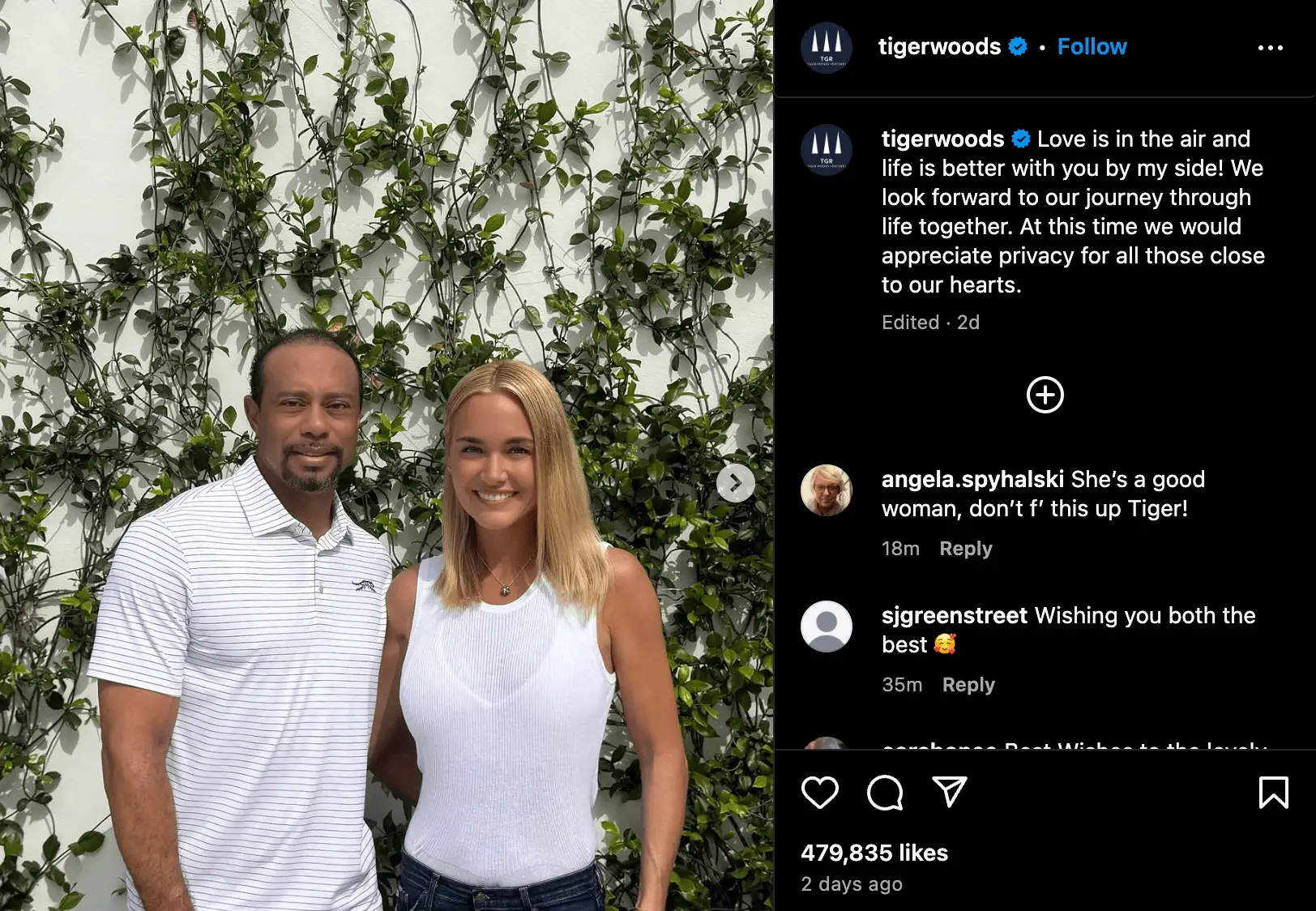 Tiger Woods has confirmed his relationship with Vanessa Trump (Image: Instagram/Tiger Woods)