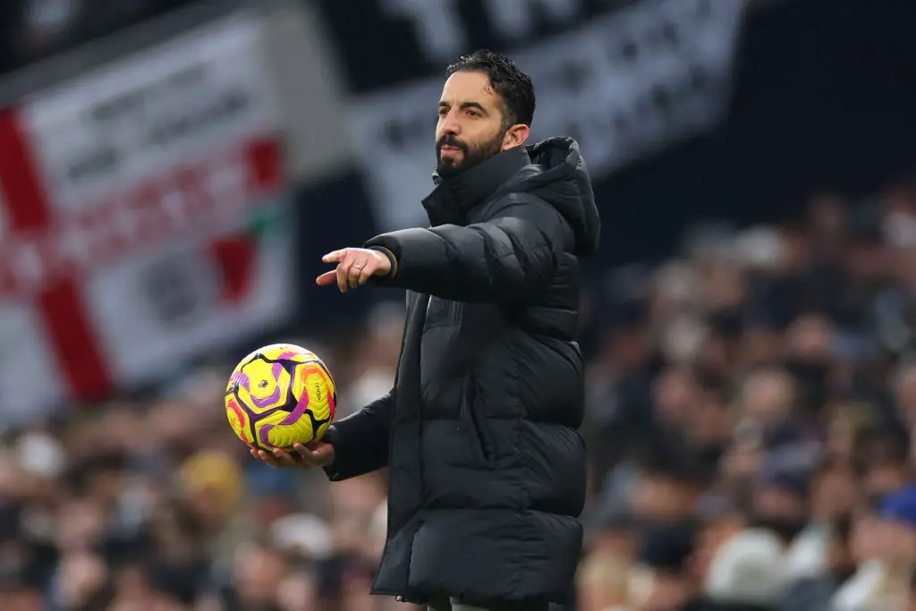 Ruben Amorim watches on during Manchester United's 1-0 defeat to Tottenham (Image: Getty)